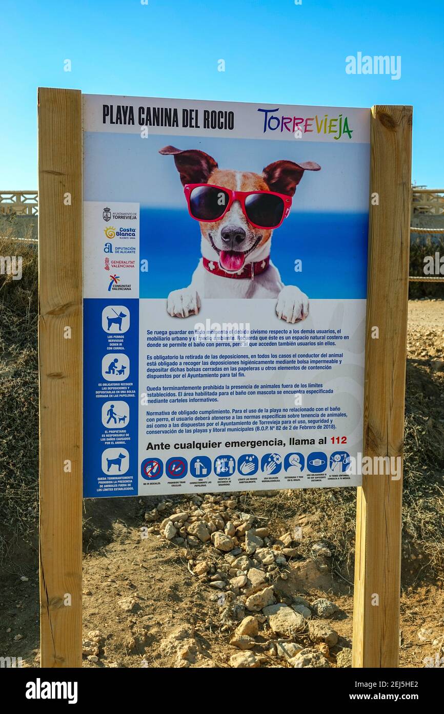 Cartello con cane che indossa occhiali da sole, spiaggia per cani, la Mata, Torrevieja, Costa Blanca, Spagna Foto Stock