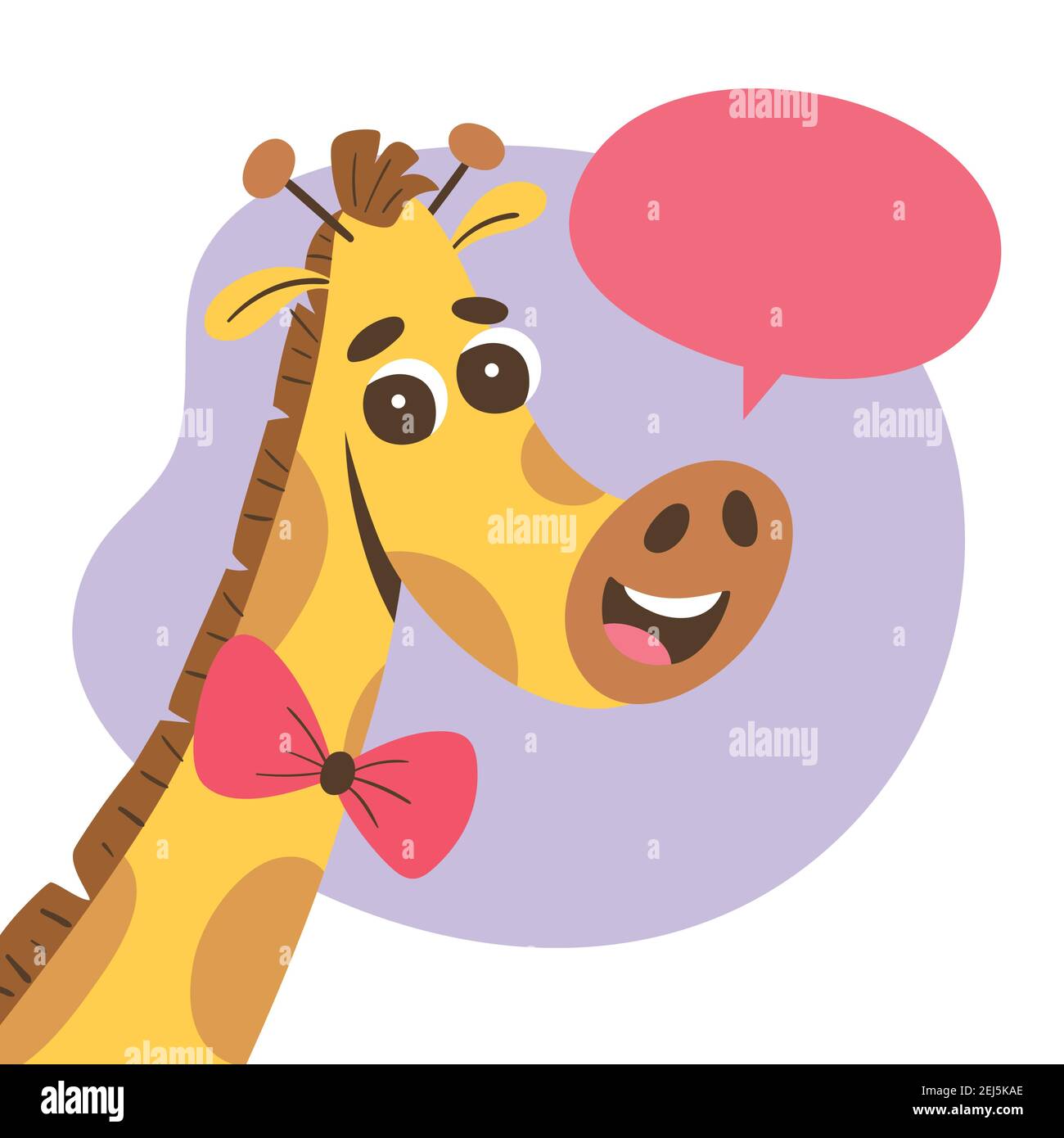 Bella giraffa con una bolla di parlato vuoto. Adesivo carino per bambini. Disegno di carattere animale del cartone animato. Illustrazione Vettoriale