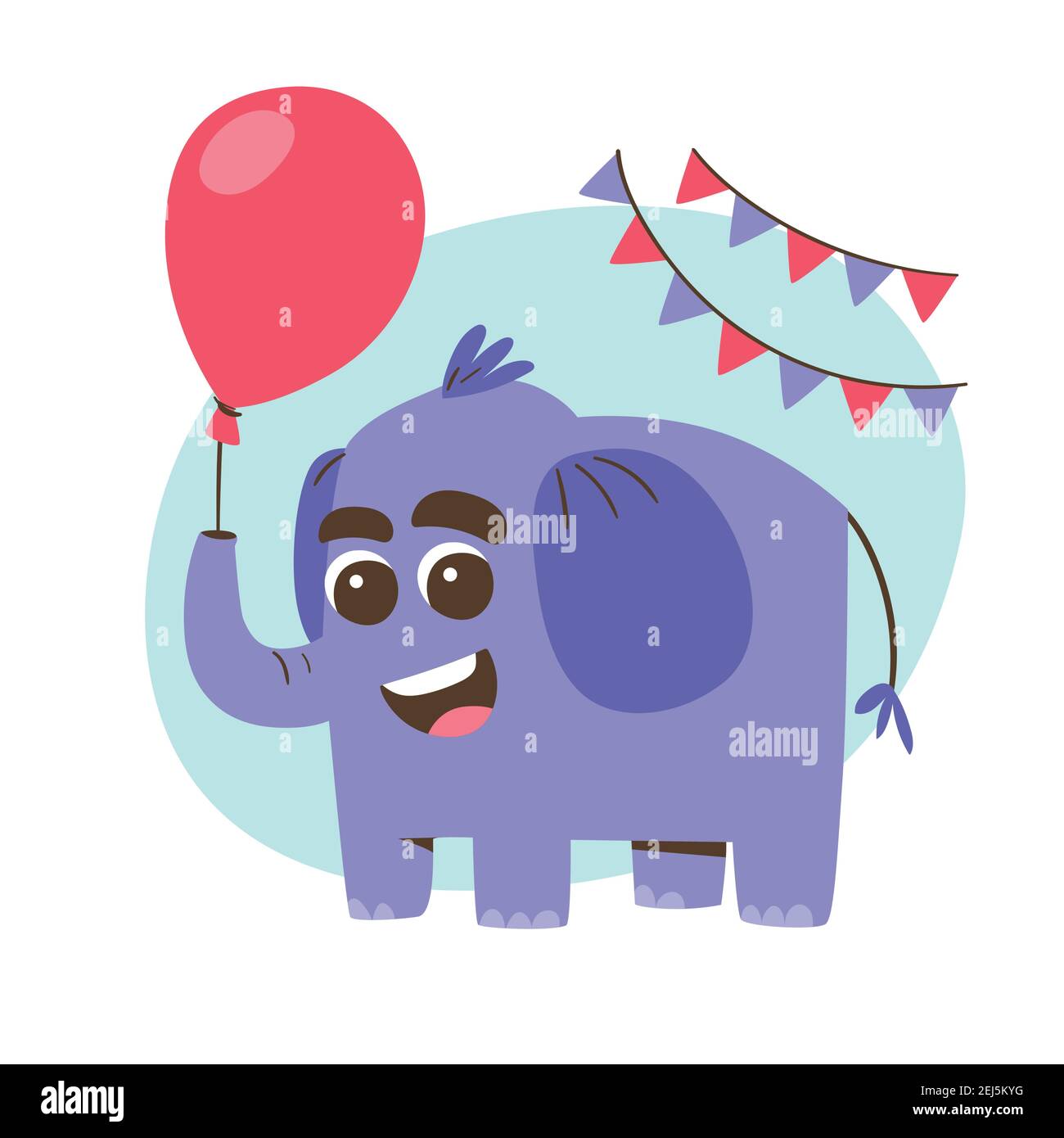 Simpatico elefante sorridente con un palloncino rosso. Concetto di festa e celebrazione. Adesivo carino per bambini. Illustrazione vettoriale di un animale a fumetti. Illustrazione Vettoriale