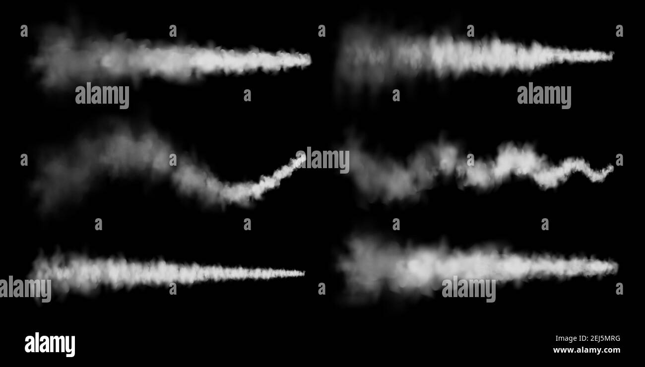Percorsi realistici di condensazione in aereo. Lancio del razzo spaziale. Missile o bullet trail. Piste per aerei a reazione. Nuvole di fumo bianche, nebbia. Flusso di vapore. Vettore Illustrazione Vettoriale