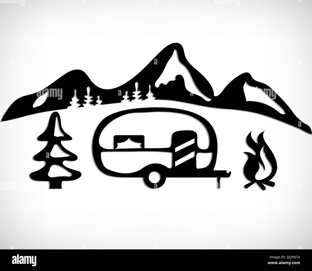 Silhouette natura in camper. Attività ricreative mobili. Cartello campeggiatore con un albero e falò con sfondo montano. Illustrazione vettoriale dello stile di schizzo. Design di concetto campeggio. Illustrazione Vettoriale