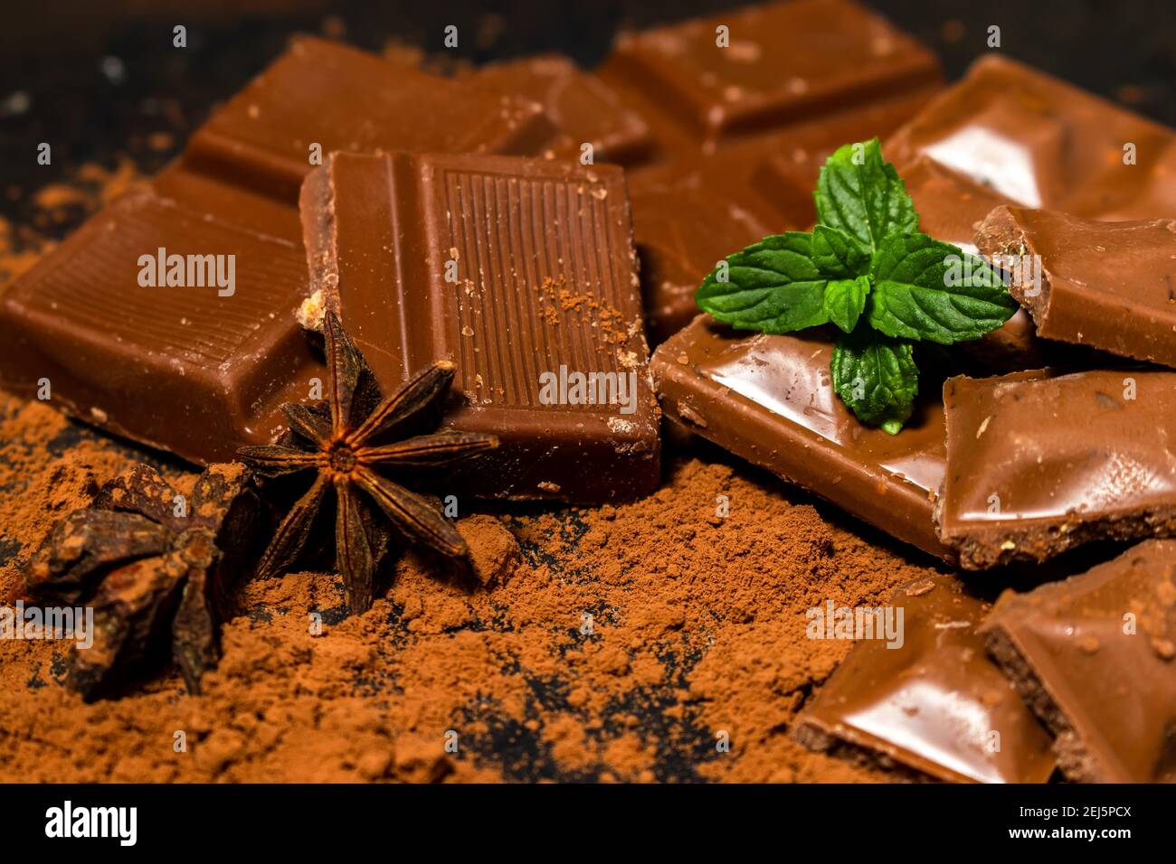 Diversi pezzi di cioccolato fondente e polvere di cacao su una superficie scura. Foglie di menta e semi di anice stellato completano l'immagine. Foto Stock
