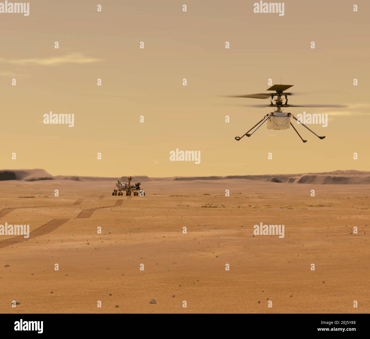 Illustrazione artistica dell'elicottero Mars Ingenuity della NASA in volo mentre la perseveranza rover si allontana. La perseveranza Mars rover sbarcò con successo il 18 febbraio 2021. Ingegnosità, sarà il primo velivolo a tentare un volo controllato su un altro pianeta. Foto Stock
