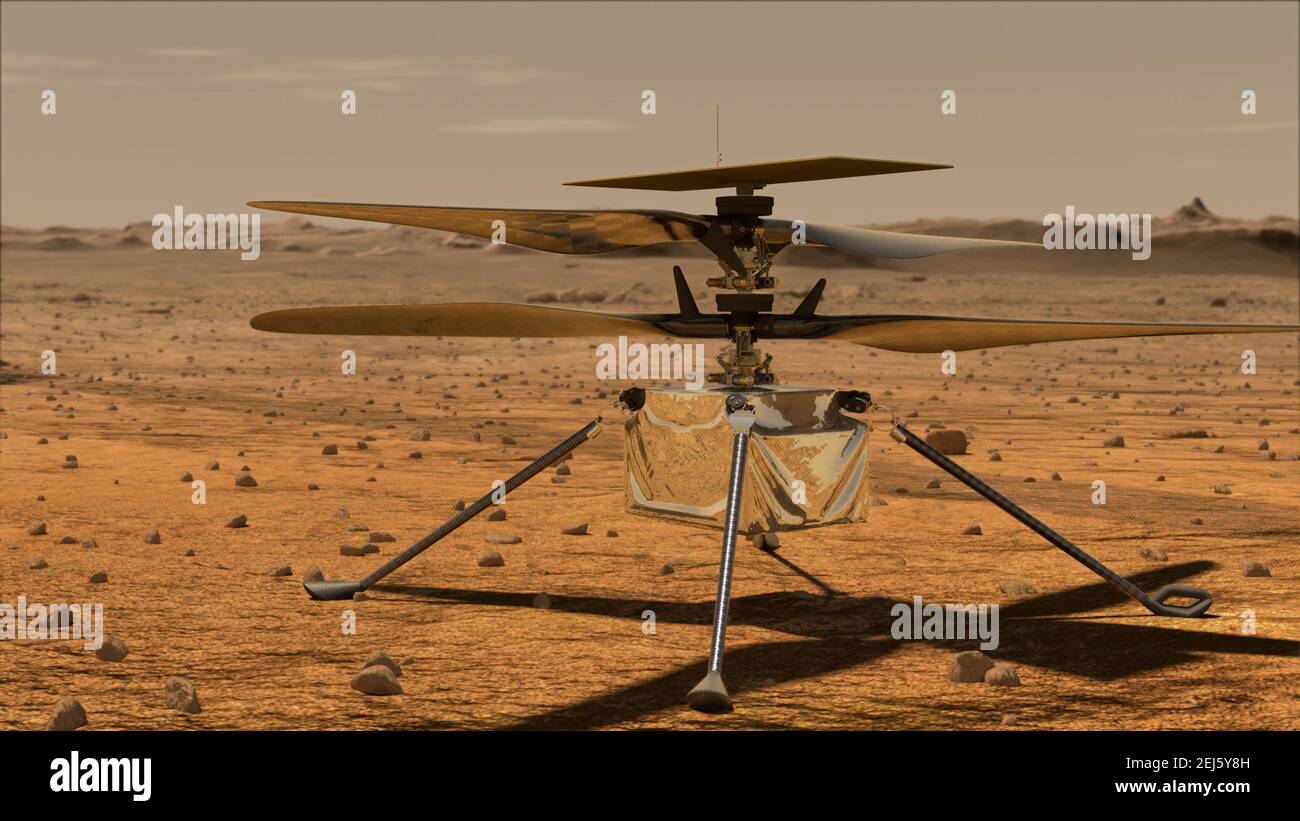 Illustrazione artistica del NASA Ingenuity Mars Helicopter in posizione decollo sulla superficie marziana. La perseveranza Mars rover sbarcò con successo il 18 febbraio 2021. Ingegnosità, sarà il primo velivolo a tentare un volo controllato su un altro pianeta. Foto Stock