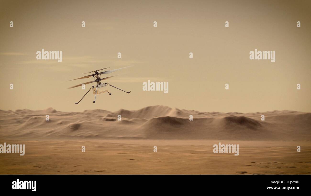 Illustrazione artistica del NASA Ingenuity Mars Helicopter sulla superficie marziana. La perseveranza Mars rover è atterrata con successo il 18 febbraio 2021 e schiererà il drone Ingenuity come parte della missione di astrobiologia per cercare i segni di antica vita microbica. Foto Stock