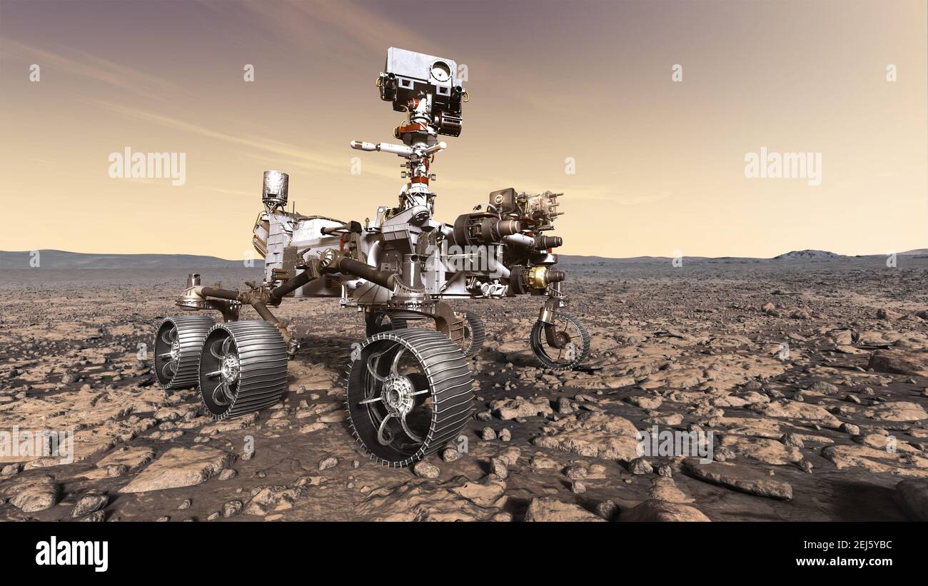 Illustrazione artistica della perseveranza della NASA Marte rover che opera sulla superficie marziana. La perseveranza sbarcò con successo il 18 febbraio 2021 per iniziare la missione astrobiologica, compresa la ricerca di segni di antica vita microbica. Foto Stock