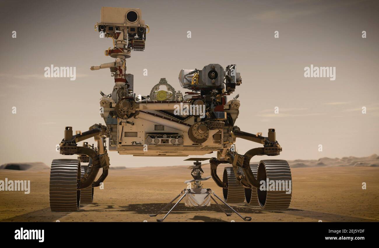 Illustrazione artistica della perseveranza della NASA Marte rover e dell'elicottero Ingenuity Mars sulla superficie marziana. La perseveranza sbarcò con successo il 18 febbraio 2021 per iniziare la missione astrobiologica, compresa la ricerca di segni di antica vita microbica. Foto Stock
