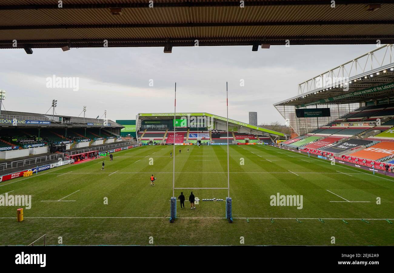 Vista generale del Mattioli Woods Welford Road Stadium prima di una partita di rugby Union del Gallagher Premiership Round 10, venerdì 20 febbraio 2021, a Leice Foto Stock
