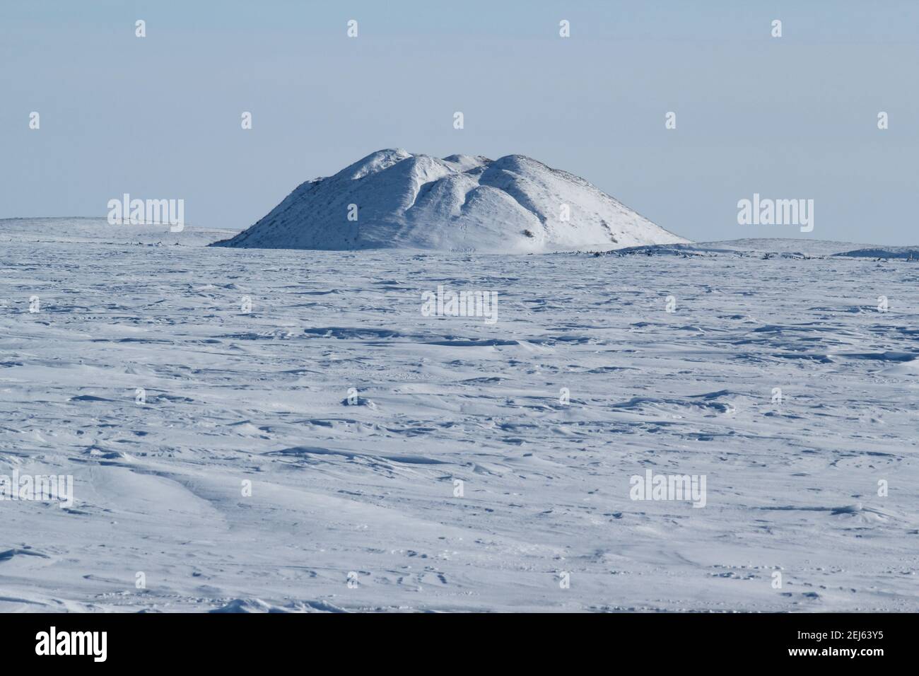 Un punto di riferimento di pingo (collina intra-permafrost con il corpo di ghiaccio) in inverno sul paesaggio artico congelato vicino a Tuktoyaktuk, territori del Nord-Ovest, Canada Foto Stock