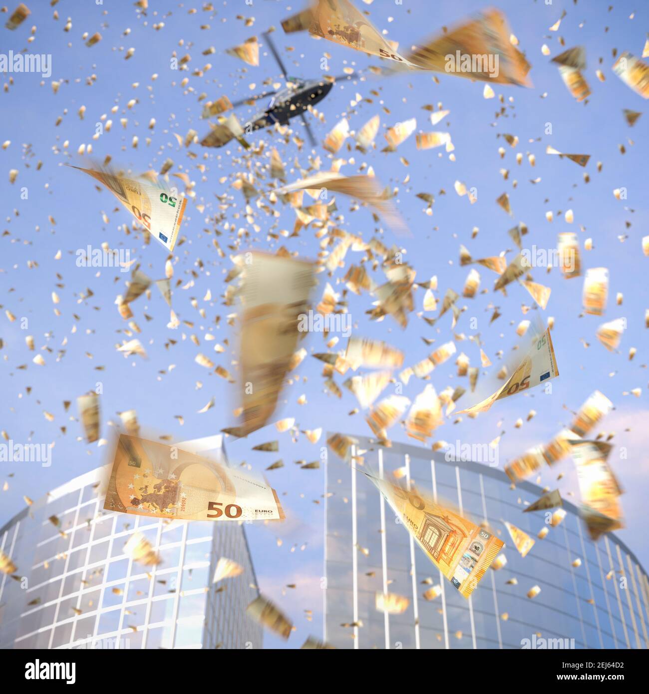 Helicopter Money Concept: Sinonimo di incremento della spesa dei consumatori, che dà denaro direttamente al pubblico. Un elicottero che lancia carichi di soli 50 UE Foto Stock