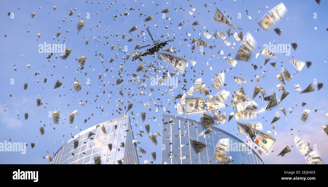 Helicopter Money Concept: Sinonimo di incremento della spesa dei consumatori, che dà denaro direttamente al pubblico. Un elicottero che lancia carichi di 100 U singoli Foto Stock