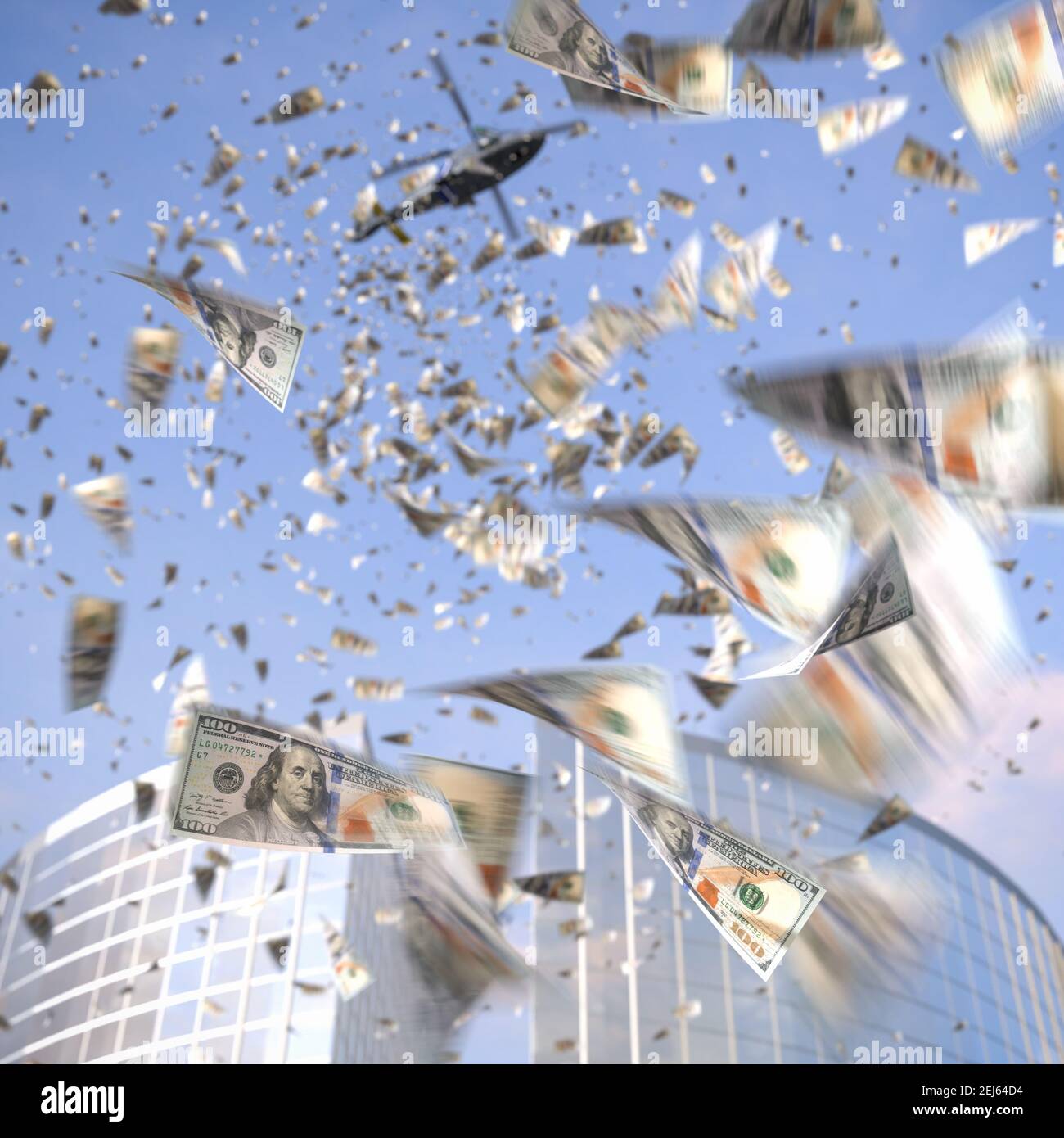 Helicopter Money Concept: Sinonimo di incremento della spesa dei consumatori, che dà denaro direttamente al pubblico. Un elicottero che lancia carichi di 100 U singoli Foto Stock