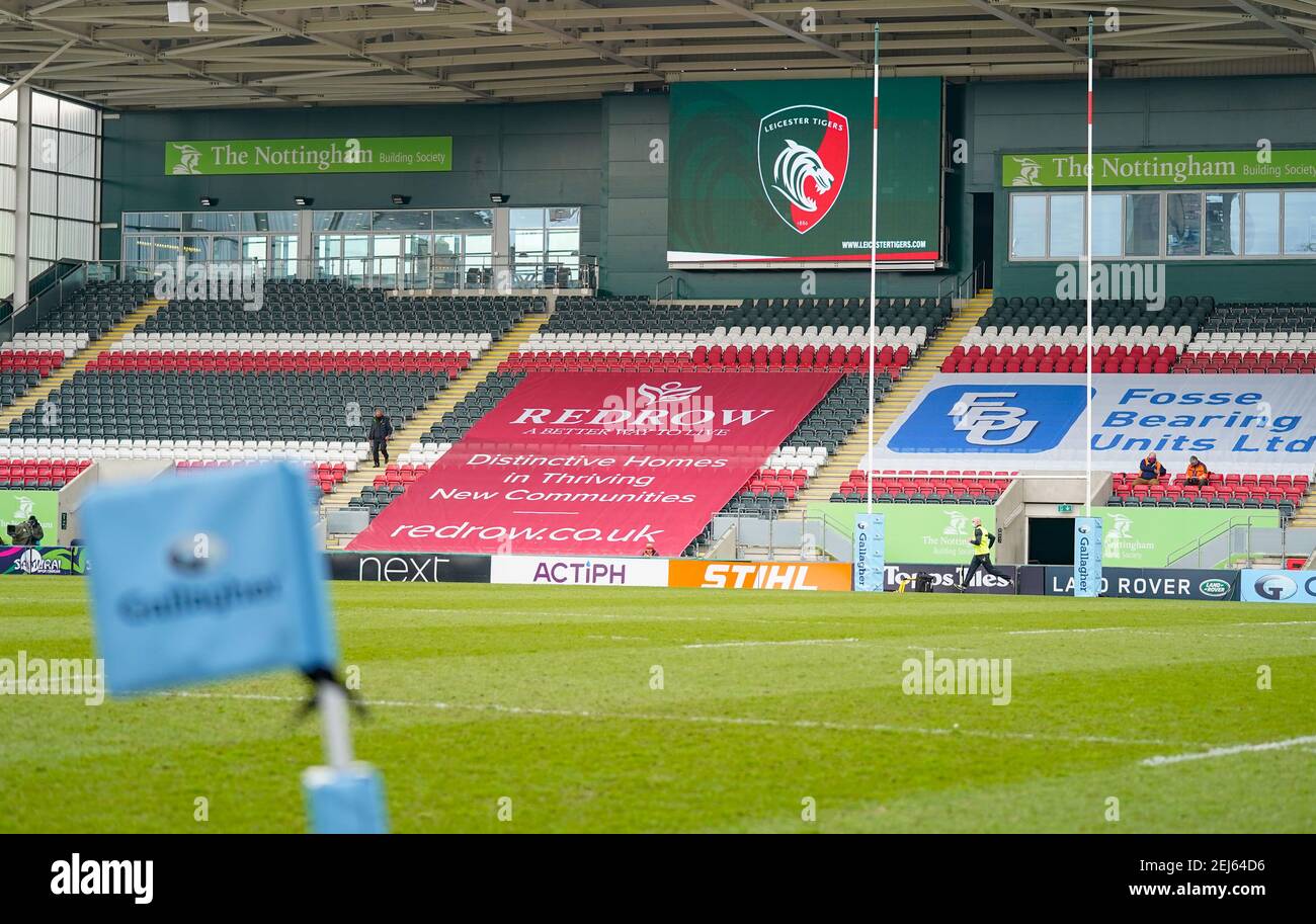 Vista generale del Mattioli Woods Welford Road Stadium prima di una partita di rugby Union del Gallagher Premiership Round 10, venerdì 20 febbraio 2021, a Leice Foto Stock
