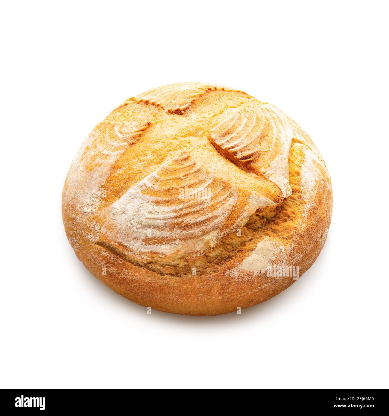 Pane tondeggiante cotto isolato su fondo bianco. Vista dall'alto Foto Stock