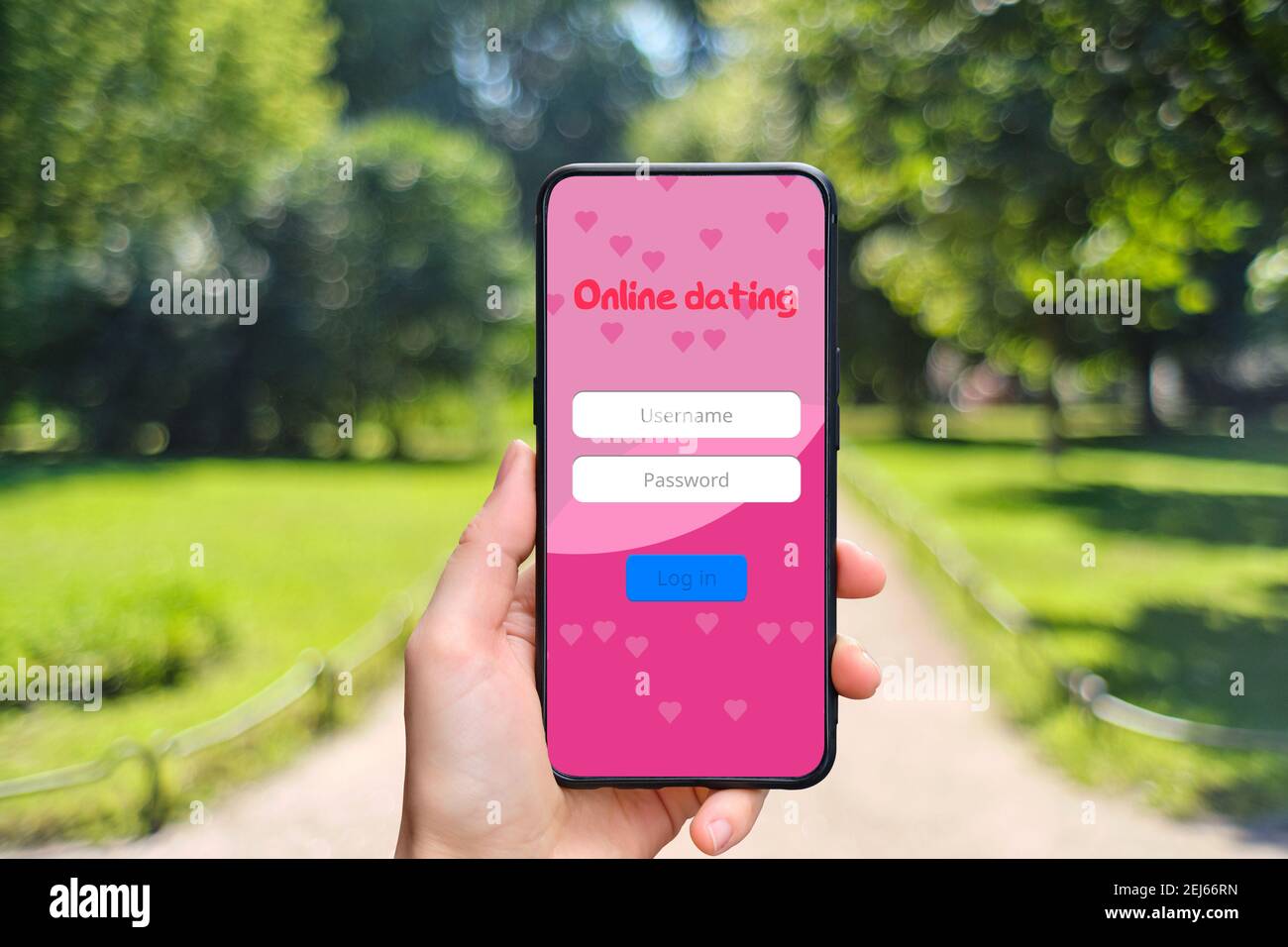 Informazioni sull'interfaccia dell'applicazione di datazione online sullo smartphone con schermata di accesso. Foto Stock