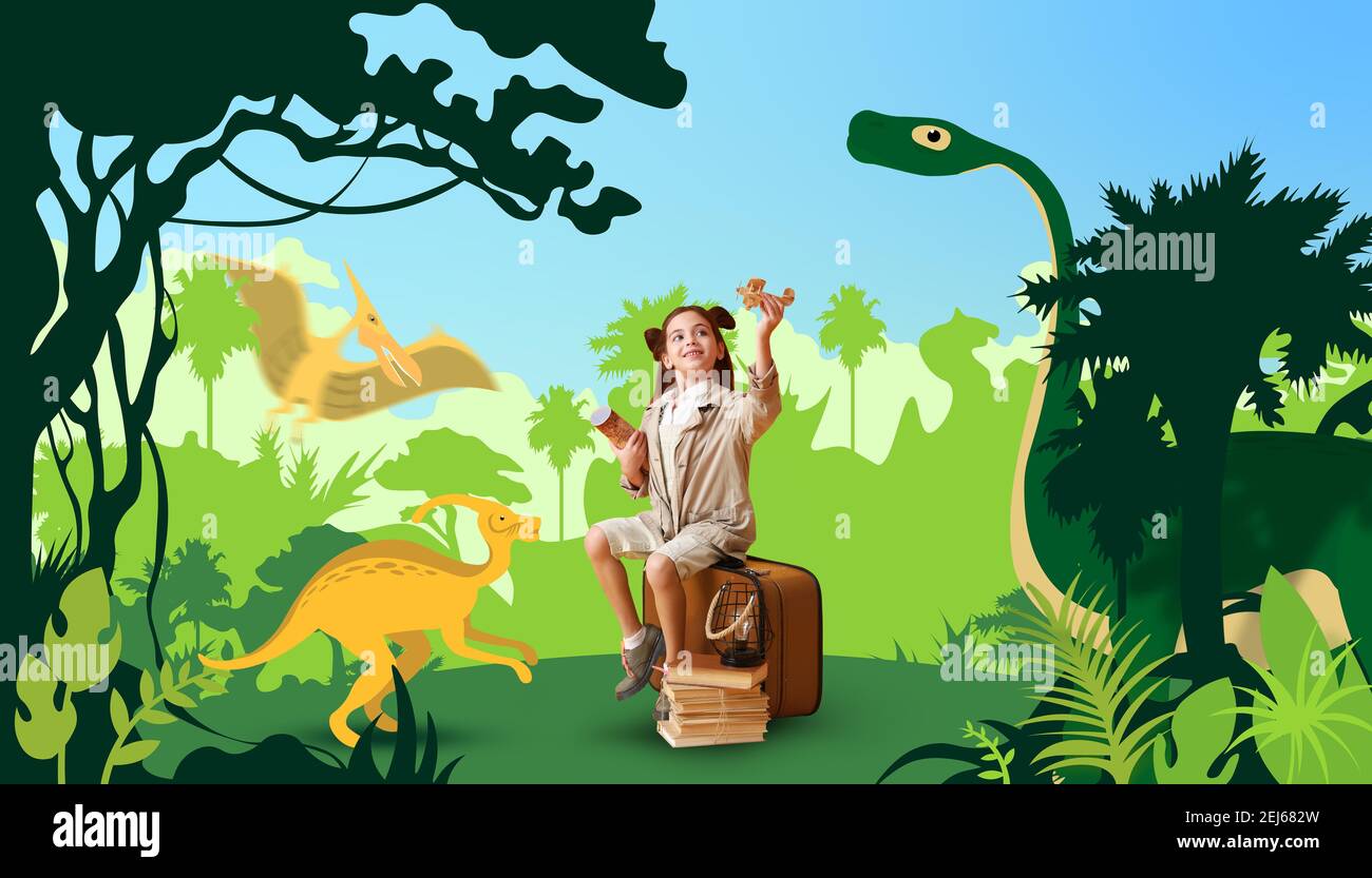 Piccolo esploratore nella foresta disegnata Jurassic Foto Stock
