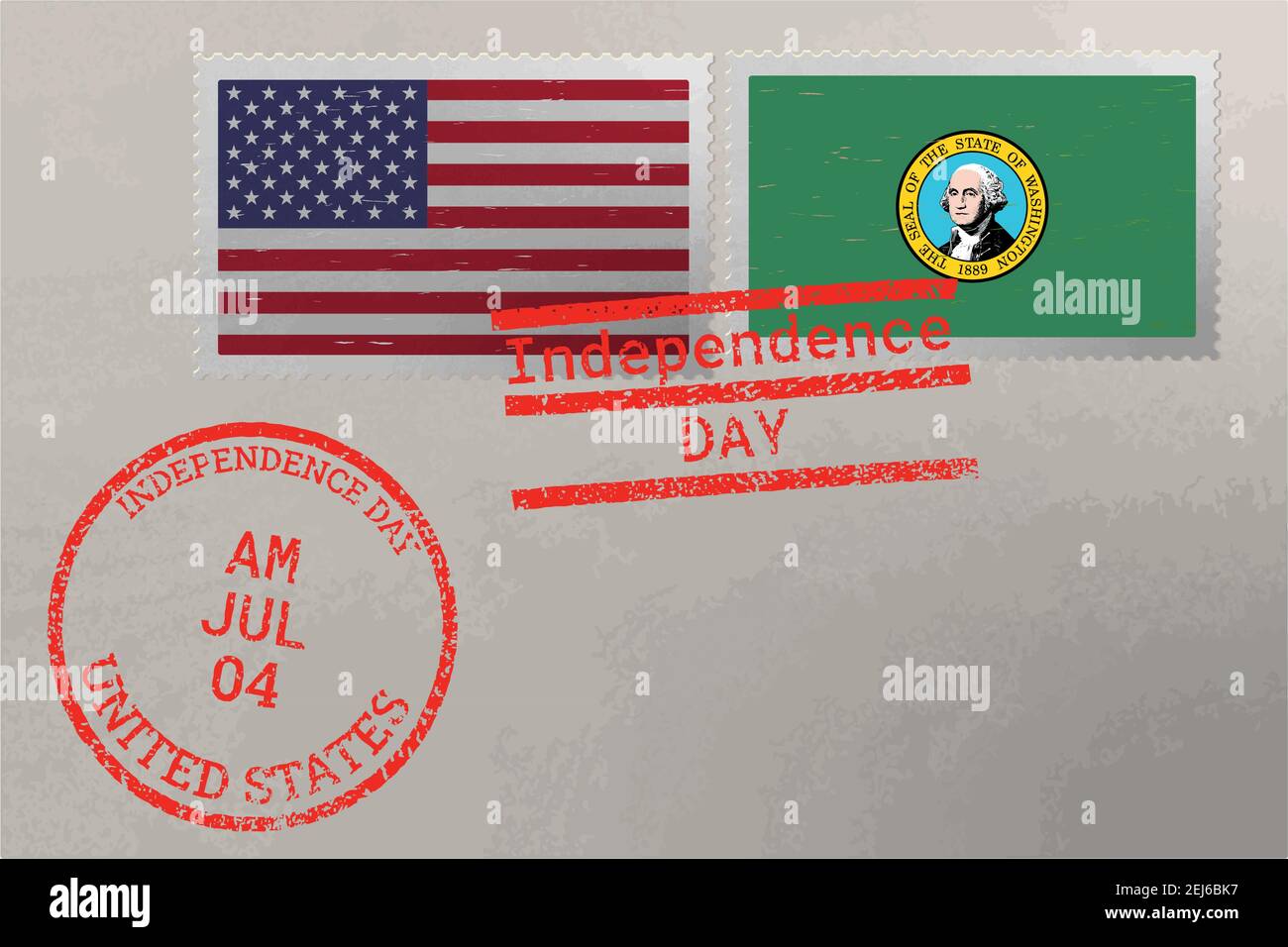 Busta con francobollo con bandiera di Washington e USA e francobolli del 4 luglio, vettore Illustrazione Vettoriale