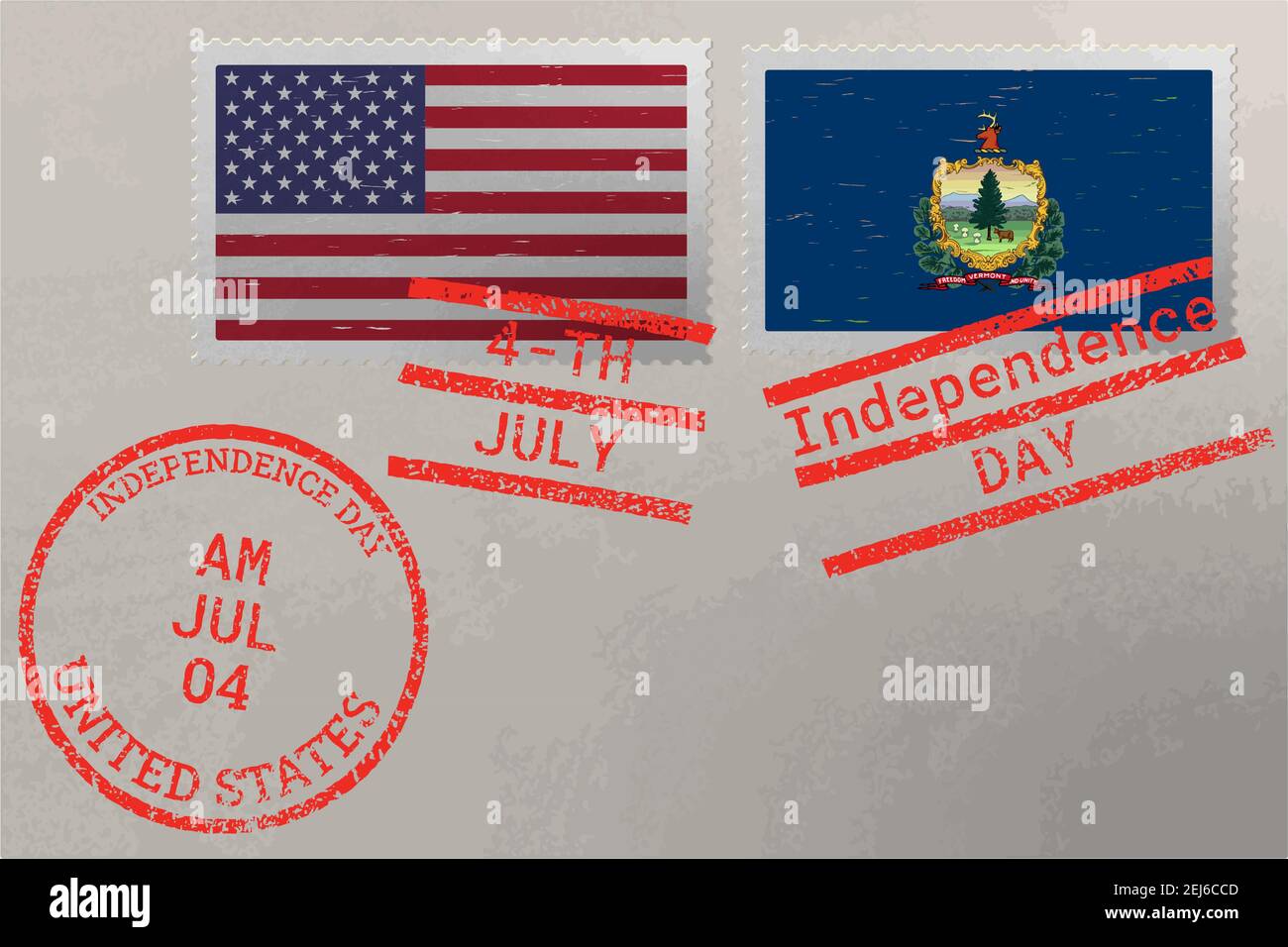 Busta con francobollo con bandiera del Vermont e degli Stati Uniti e francobolli del 4 luglio, vettore Illustrazione Vettoriale