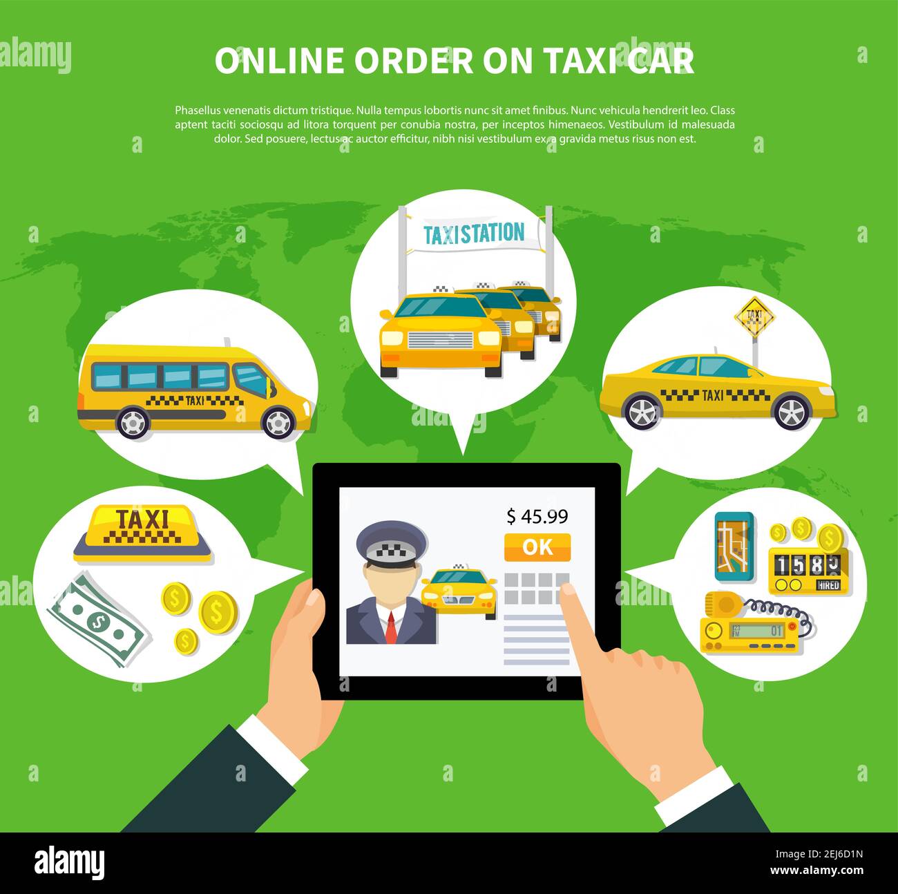 Taxi composizione concettuale di tablet con applicazione di noleggio taxi pensiero bolle tassicab icone denaro e testo vettore illustrazione Illustrazione Vettoriale