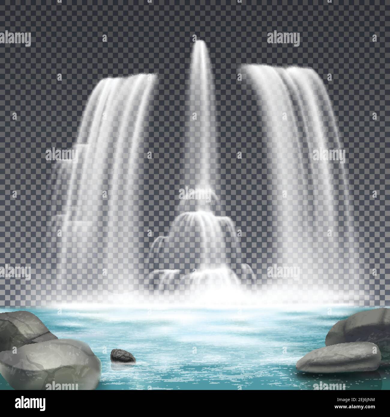 Cascata fontana opere d'acqua elemento architettonico realistico design con pietre e. cascata su sfondo trasparente scuro illustrazione vettoriale Illustrazione Vettoriale