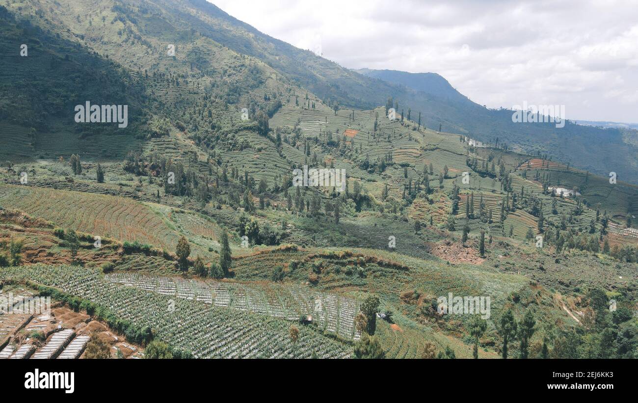 Vista aerea della valle montana con paesaggio verde a Sindoro vulcano Foto Stock