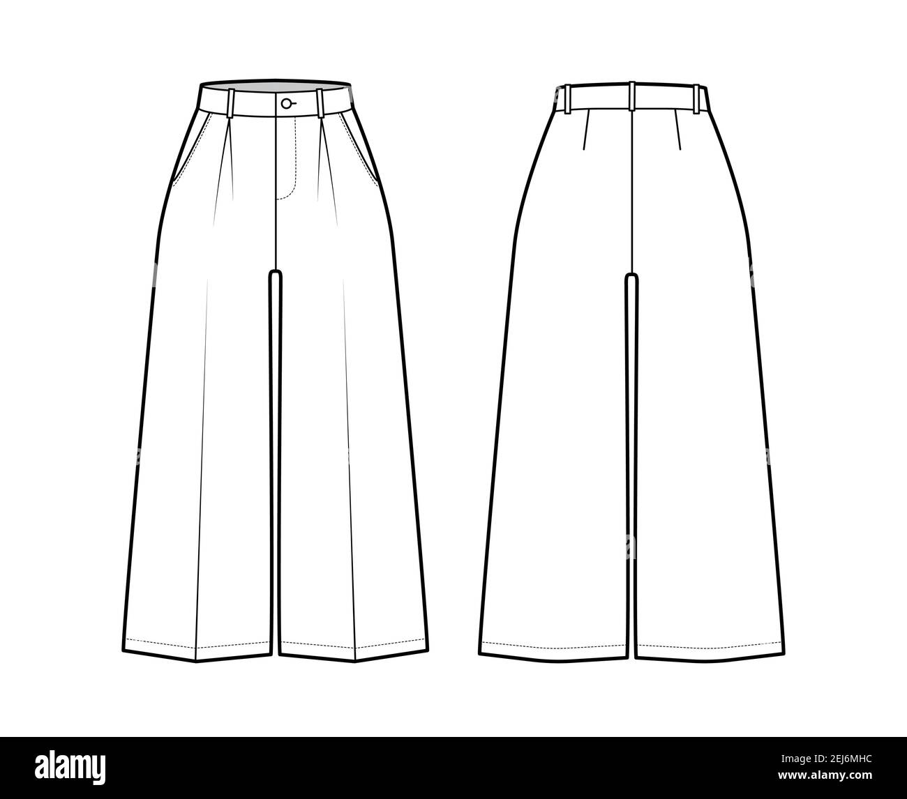 Pantaloni capri illustrazione tecnica di moda con vita normale, alto, pezza  singola, media lunghezza polpaccio, gambe larghe, tasche di cucitura. Pantalone  piatto con dima sul retro, colore bianco. Donne, uomini CAD mockup