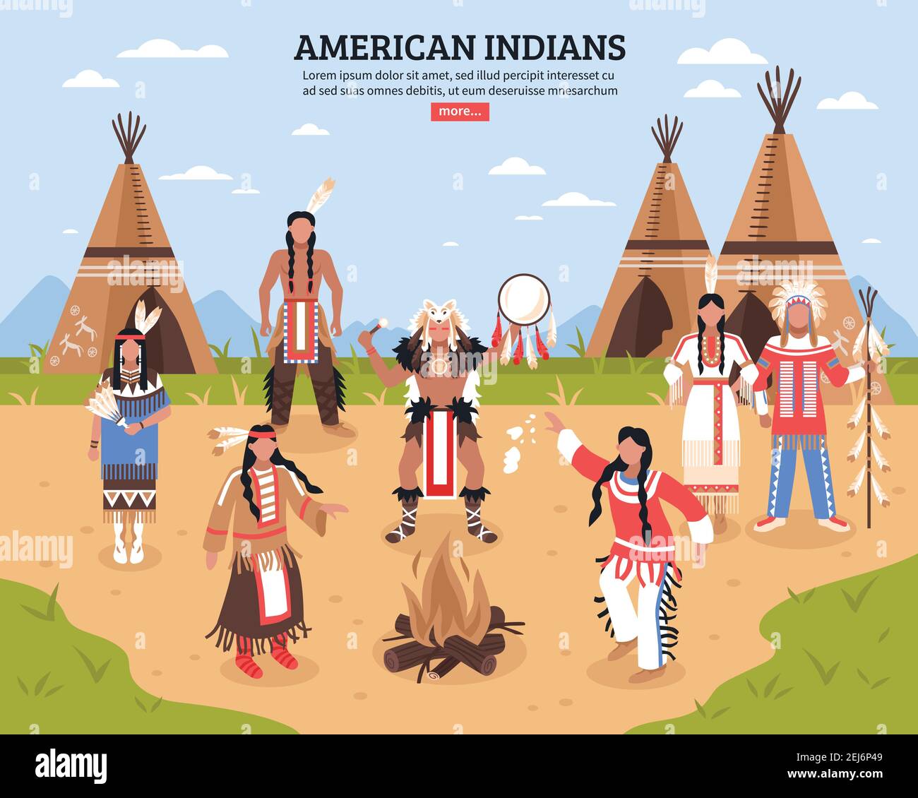 Cartoni animati indiani americani con teepee in posizione tribale e. nativi  americani che ballano intorno fuoco piatta vettore illustrazione Immagine e  Vettoriale - Alamy