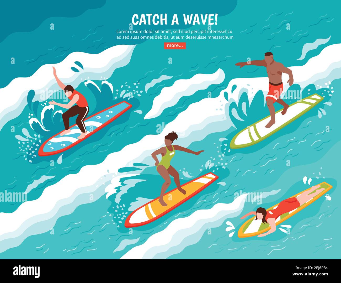 Surf composizione piatta con gruppo di personaggi umani surf acqua onda sulle tavole da surf con l'illustrazione vettoriale del pulsante read more Illustrazione Vettoriale