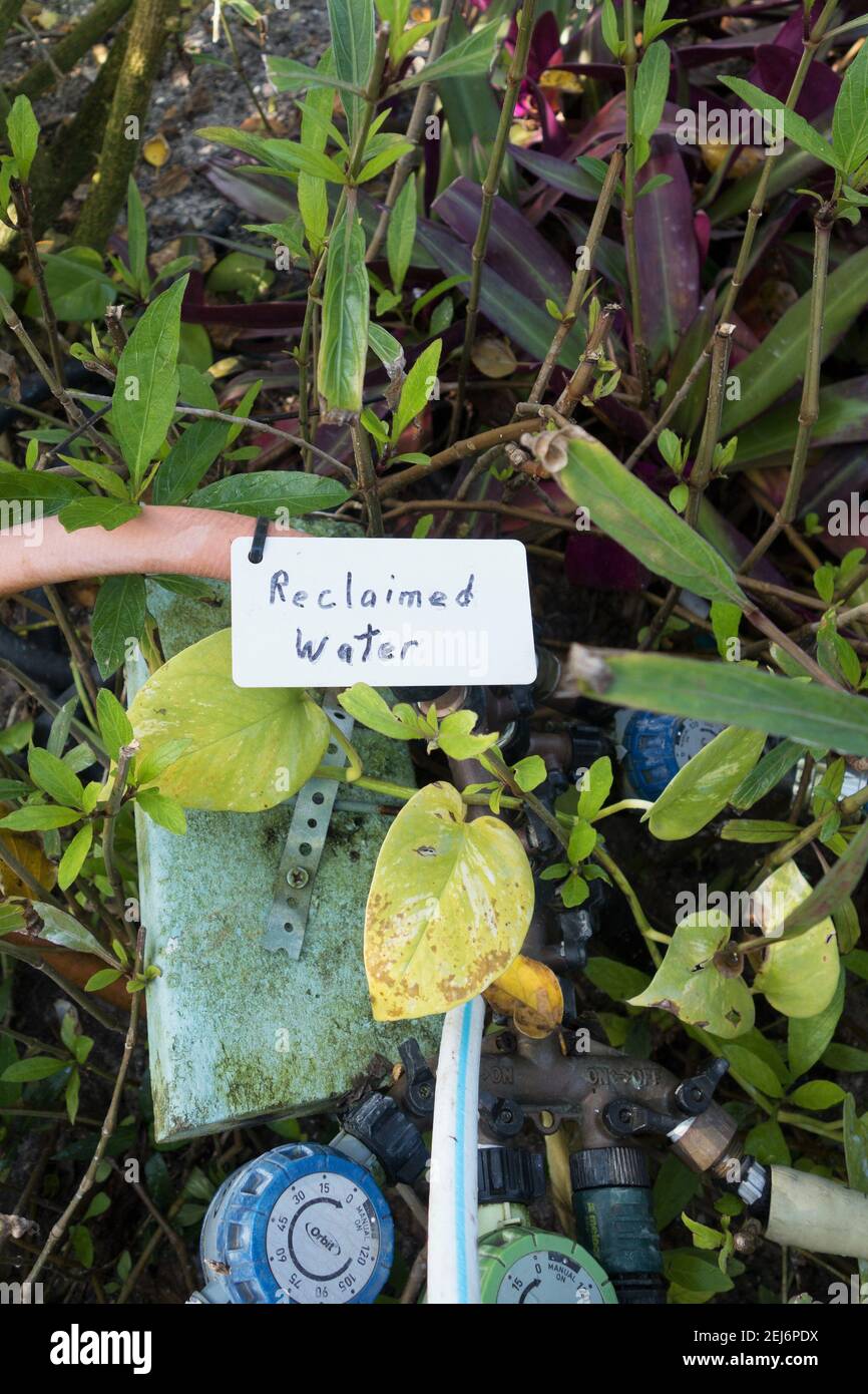 Un piccolo segno scritto a mano che indica "acqua di rigenerazione" su un dispositivo di irrigazione. Foto Stock