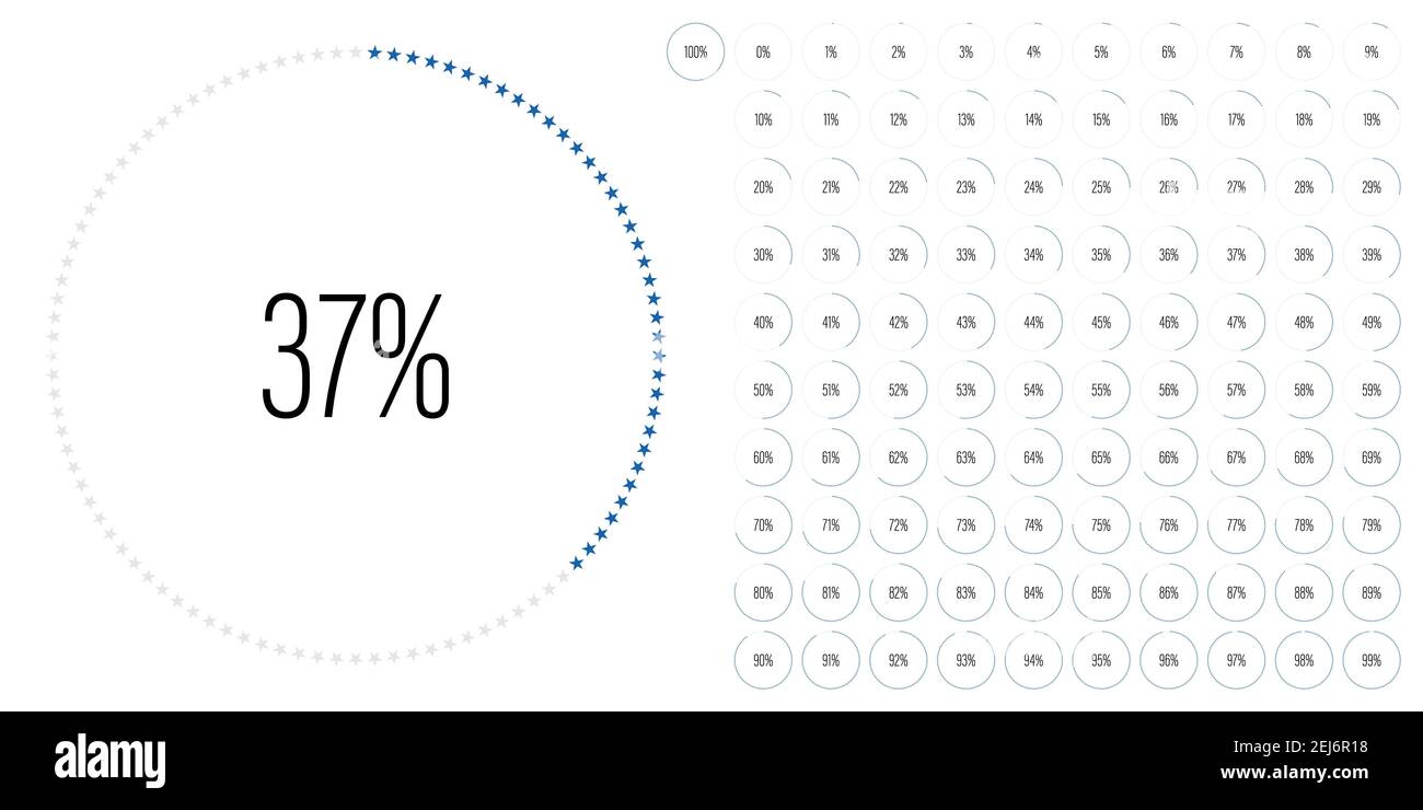 Set di diagrammi percentuali circolari metri da 0 a 100 pronti all'uso per il web design, interfaccia utente o infografica con forme a stella - indicatore con Illustrazione Vettoriale