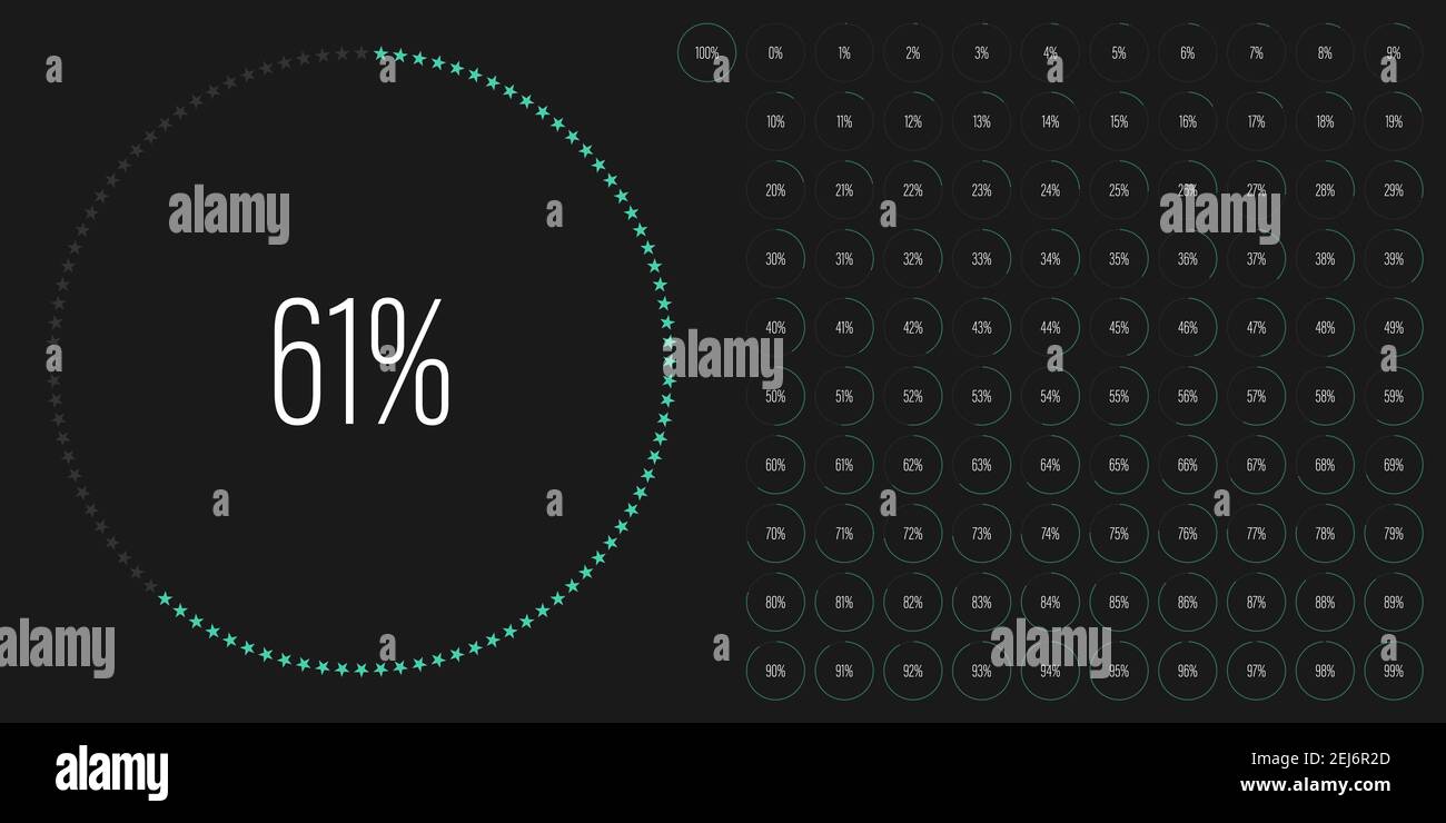 Set di diagrammi percentuali circolari metri da 0 a 100 pronti all'uso per il web design, interfaccia utente o infografica con forme a stella - indicatore con Illustrazione Vettoriale