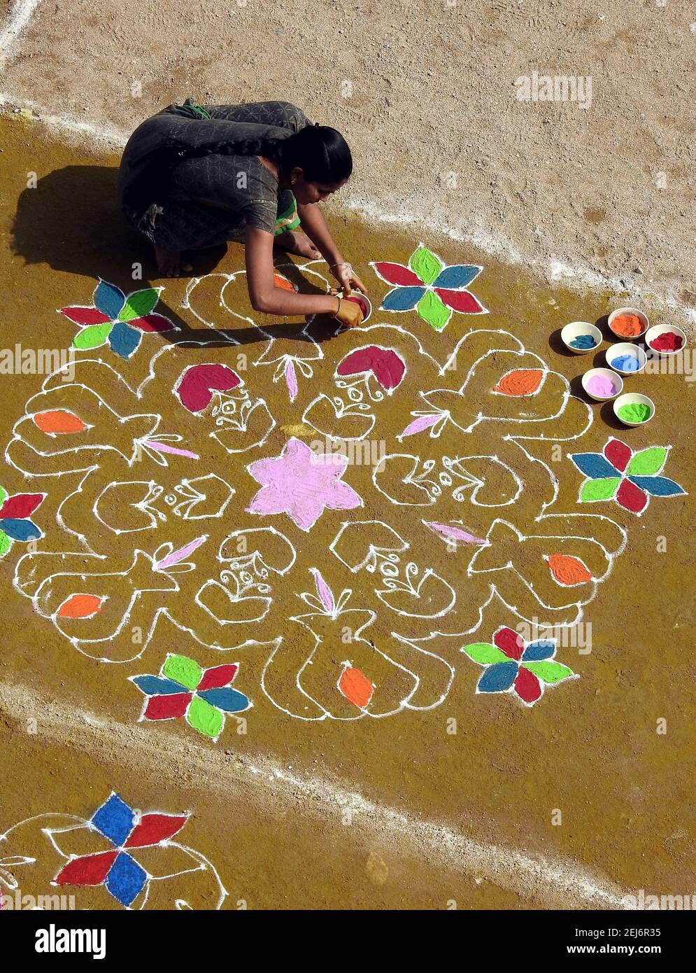 La donna indù indiana attira rangoli tradizionali durante il festival di raccolta pongal o makar sankrant Foto Stock