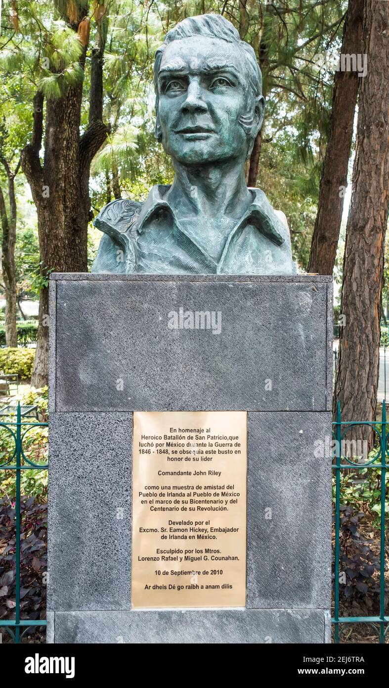 Busto del CPT John Riley a San Angel, Città del Messico, Messico in omaggio al Battaglione di San Patricio che combatté per il Messico nella guerra messicano-americana Foto Stock