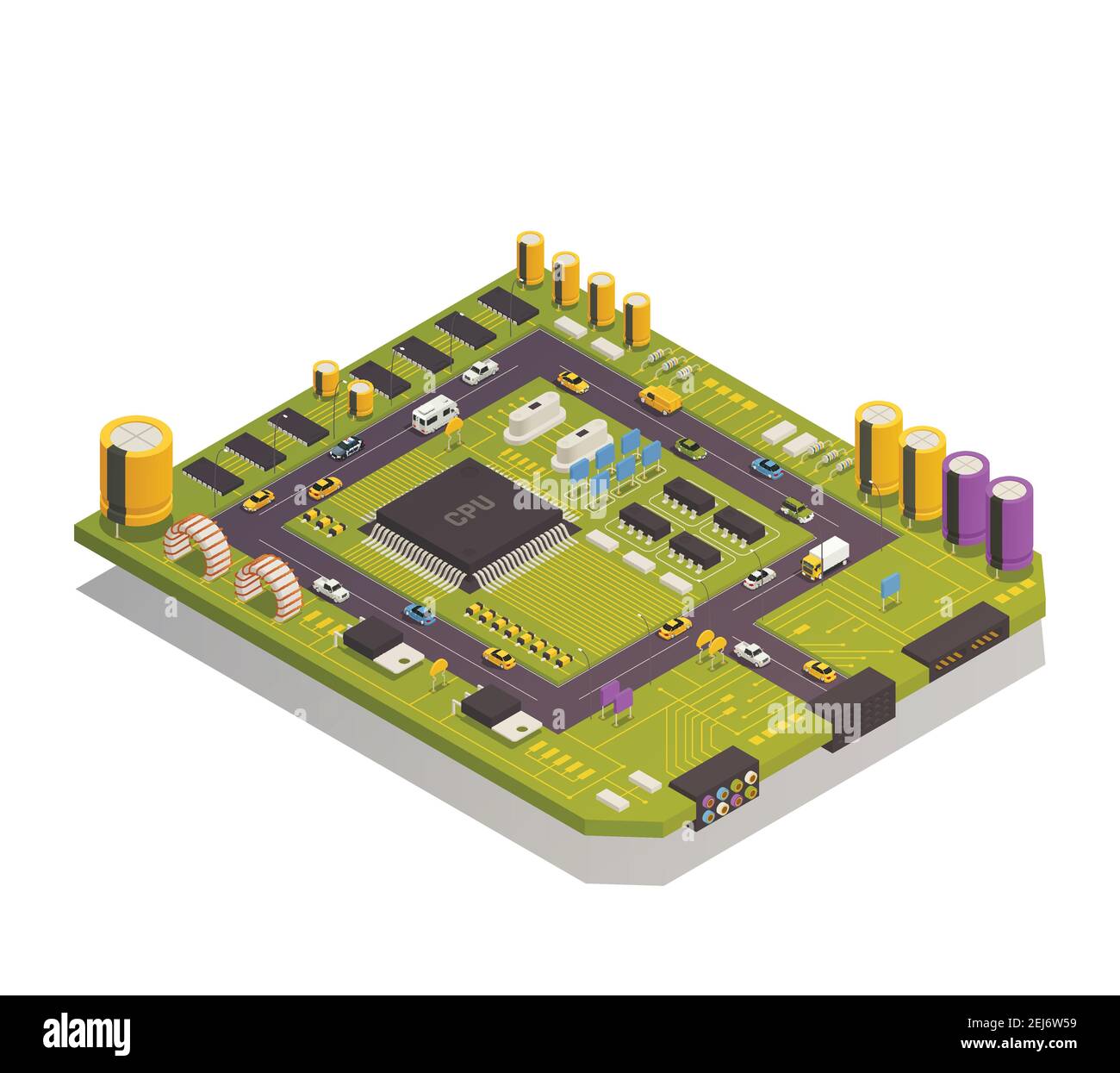 Componenti elettronici a semiconduttore assemblati su scheda a circuito stampato come edifici urbani elementi del traffico stradale illustrazione vettoriale della composizione isometrica Illustrazione Vettoriale