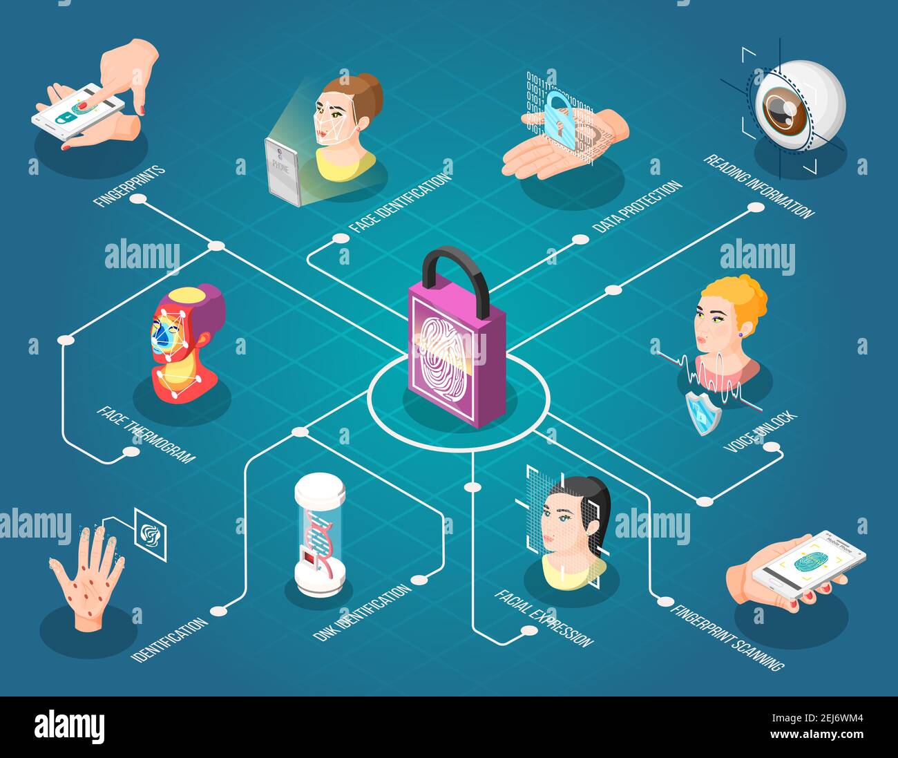 ID biometrico diagramma di flusso isometrico con impronta digitale del termogramma facciale e voce sbloccare l'illustrazione del vettore di identificazione del dna e del volto Illustrazione Vettoriale