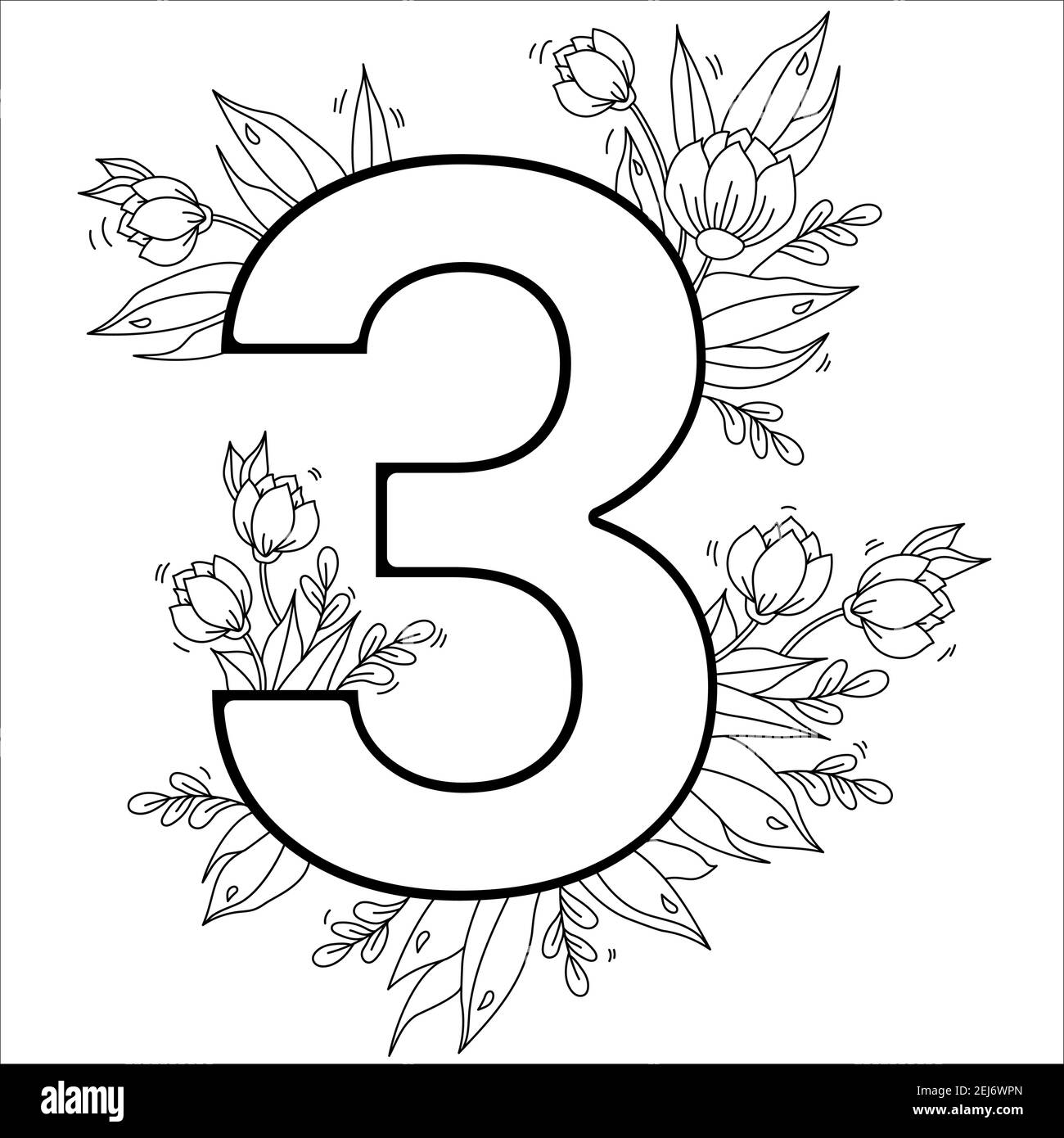 Fiore numero tre. Motivo decorativo 3 con fiori, tulipani, boccioli e foglie. Illustrazione vettoriale isolata su sfondo bianco. Linea, contorno Illustrazione Vettoriale