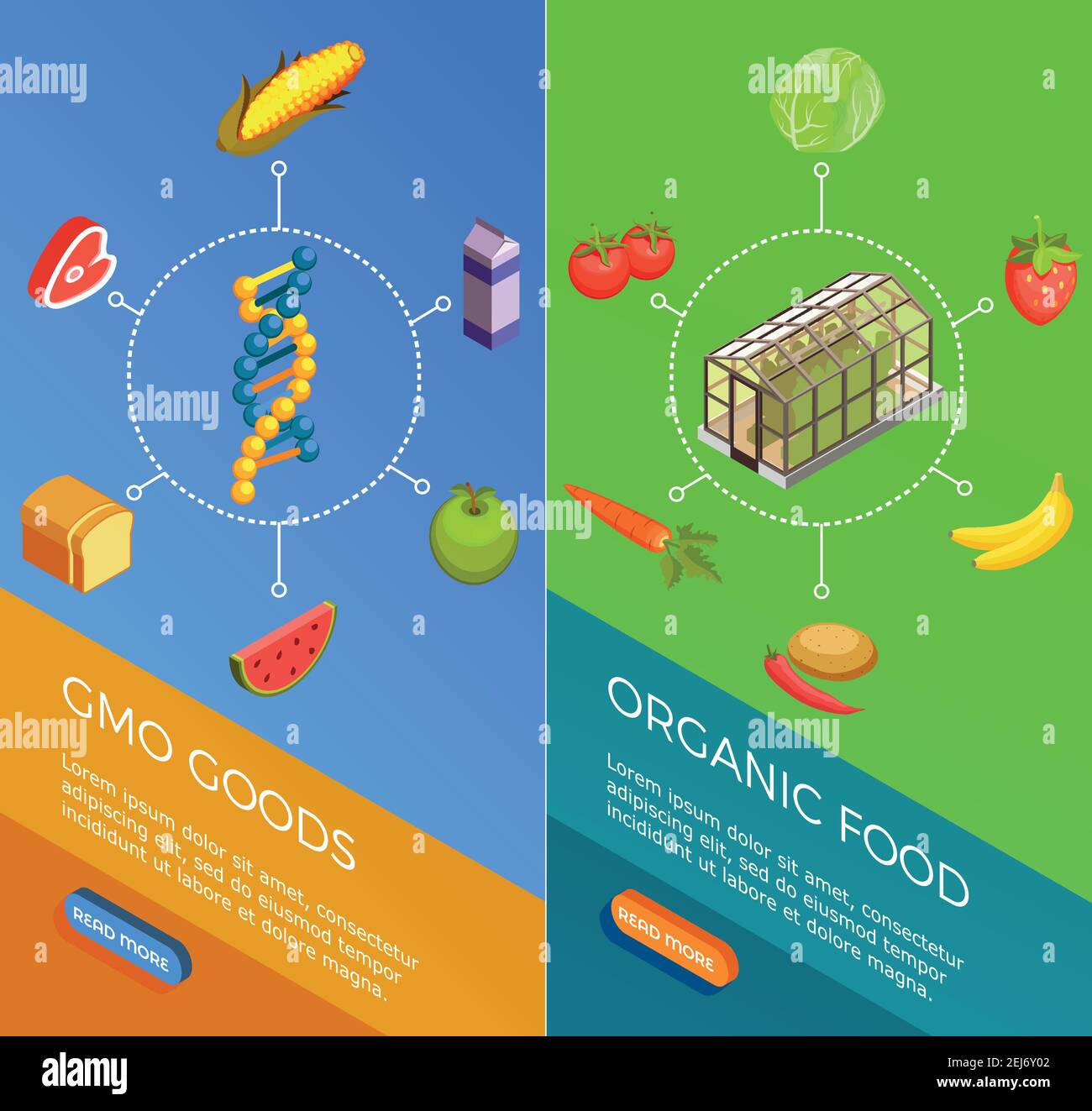 Organismi geneticamente modificati Set di striscioni isometrici verticali con ogm illustrazione vettoriale isolata di merci e alimenti biologici Illustrazione Vettoriale