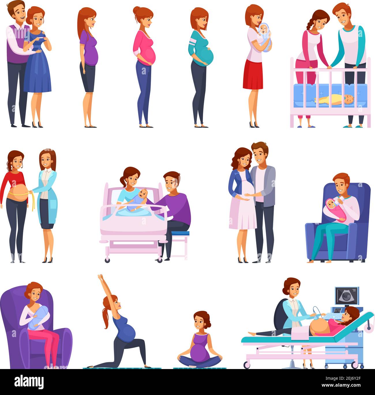 Set di icone cartoni animati con ginnastica durante la gravidanza, esame  medico, parto, neonato, felice famiglia isolato vettore illustrazione  Immagine e Vettoriale - Alamy