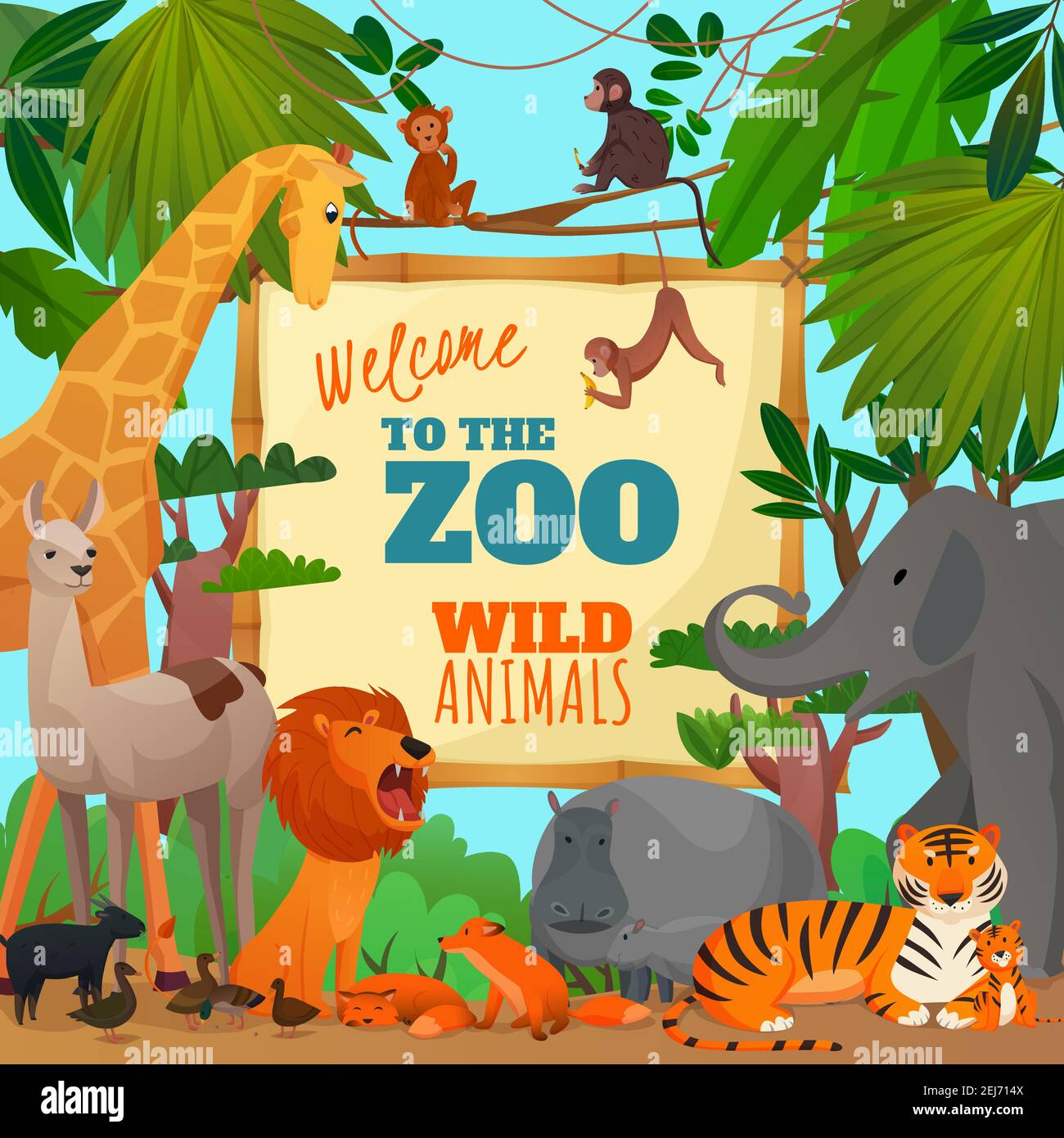 Benvenuti al poster dei cartoni animati zoo con la tigre elefante leone  illustrazione vettoriale delle scimmie antielope di ippopotamo Immagine e  Vettoriale - Alamy