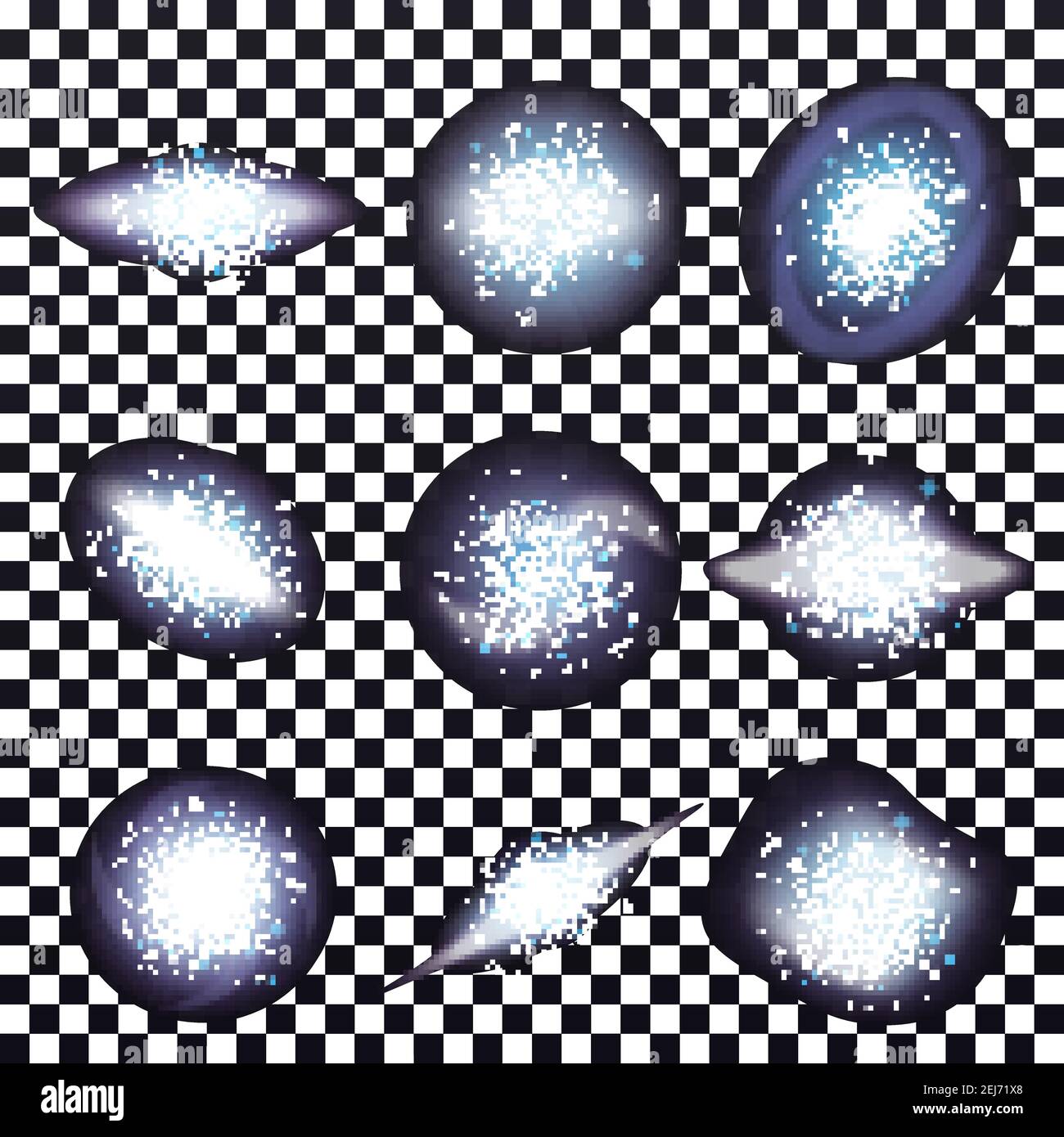 Galaxy spiral realistic set con gruppi geometricamente sagomati di stelle con evidenziazioni speculari dell'universo su illustri vettoriali di sfondo trasparente Illustrazione Vettoriale