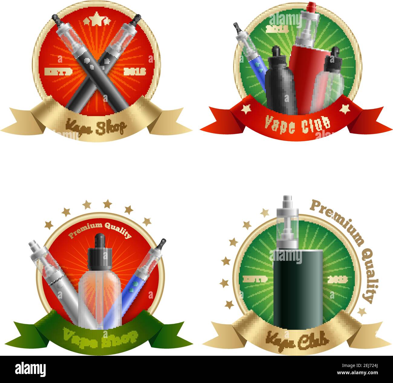 Emblemi di vaporizzazione Set realistico di quattro composizioni isolate con vape penne e dispositivi di vaporizzazione con illustrazione vettoriale di testo Illustrazione Vettoriale