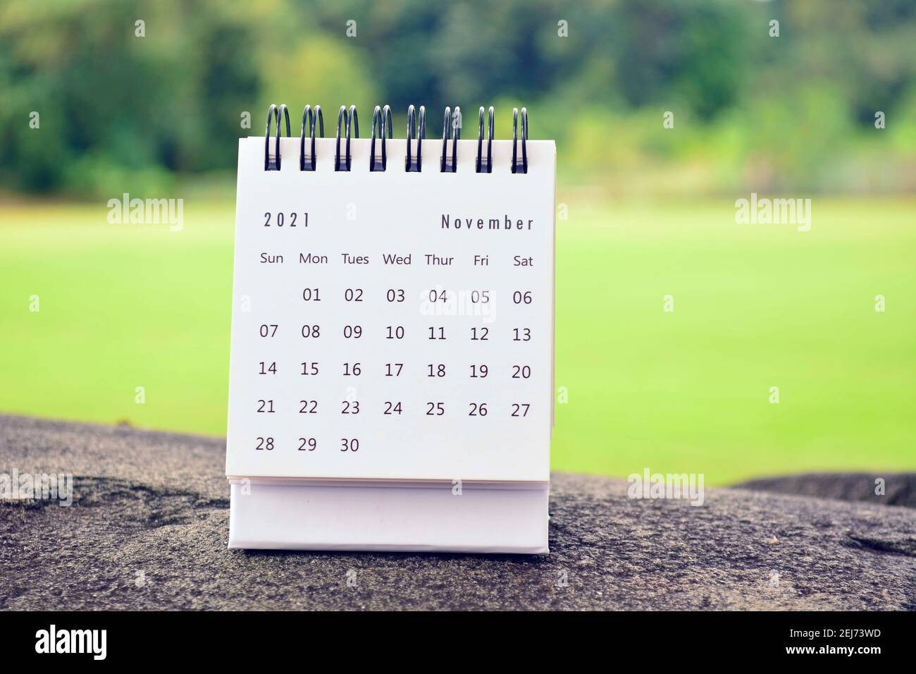 Calendario bianco di novembre 2021 con sfondo sfocato verde Foto Stock