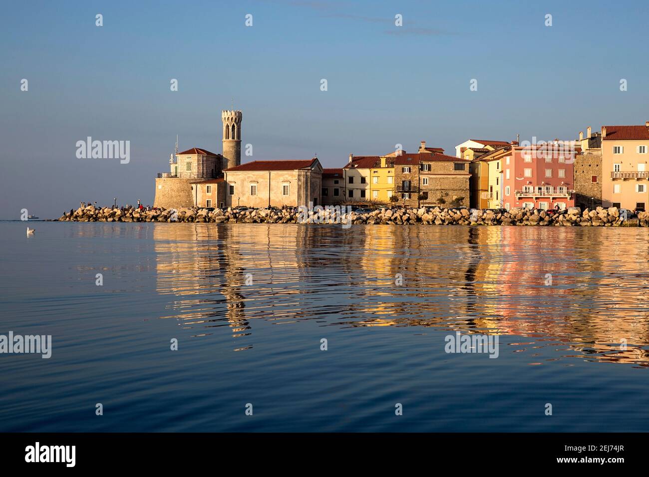 Pittoresco centro storico di Piran sulla costa adriatica slovena, vista dal mare da un kayak, Slovenia, Europa Foto Stock