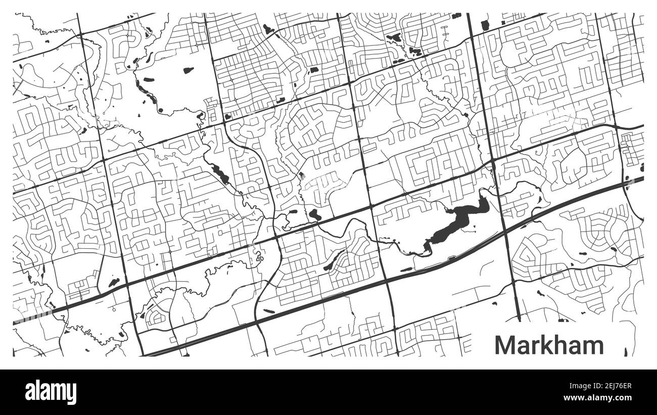 Mappa della città di Markham, Ontario, Canada. Sfondo orizzontale cartellone in bianco e nero terra, strade e fiumi. 1920 1080 proporzioni. Senza royalty g Illustrazione Vettoriale
