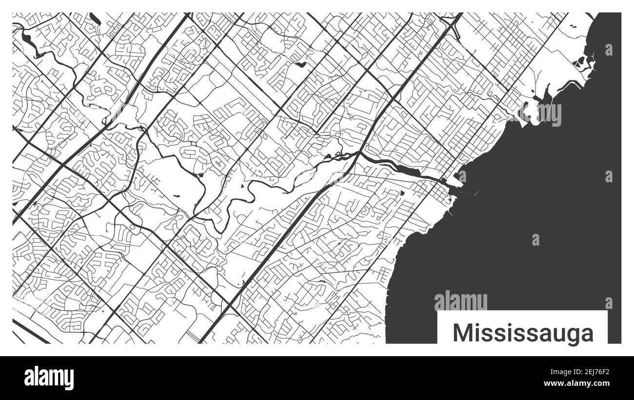 Mappa della città di Mississauga, Ontario, Canada. Sfondo orizzontale cartellone in bianco e nero terra, strade e fiumi. 1920 1080 proporzioni. Royalty fr Illustrazione Vettoriale
