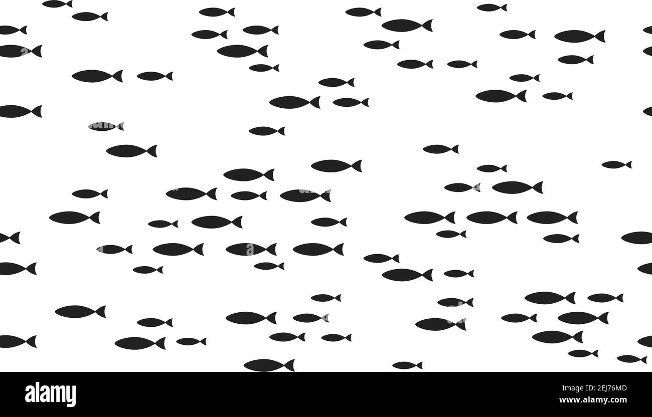 Silhouette scuola di pesce con vita marina di varie dimensioni pesci nuoto senza cuciture motivo piatto stile disegno vettoriale illustrazione. Colonia di grandi e s. Illustrazione Vettoriale