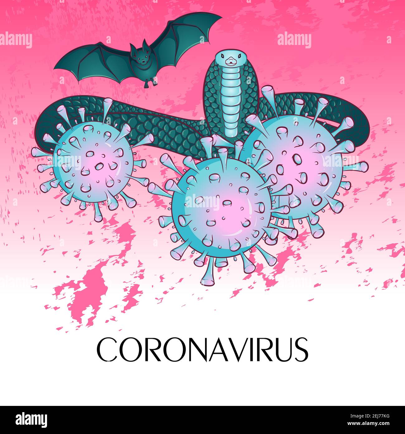 Concetto medico pandemico con cellule pericolose e portatori di infezione pipistrelli e serpenti. Illustrazione vettoriale. Arrestare il coronavirus. Pericolo e rischio di salute pubblica malattia e epidemia di influenza. Illustrazione Vettoriale