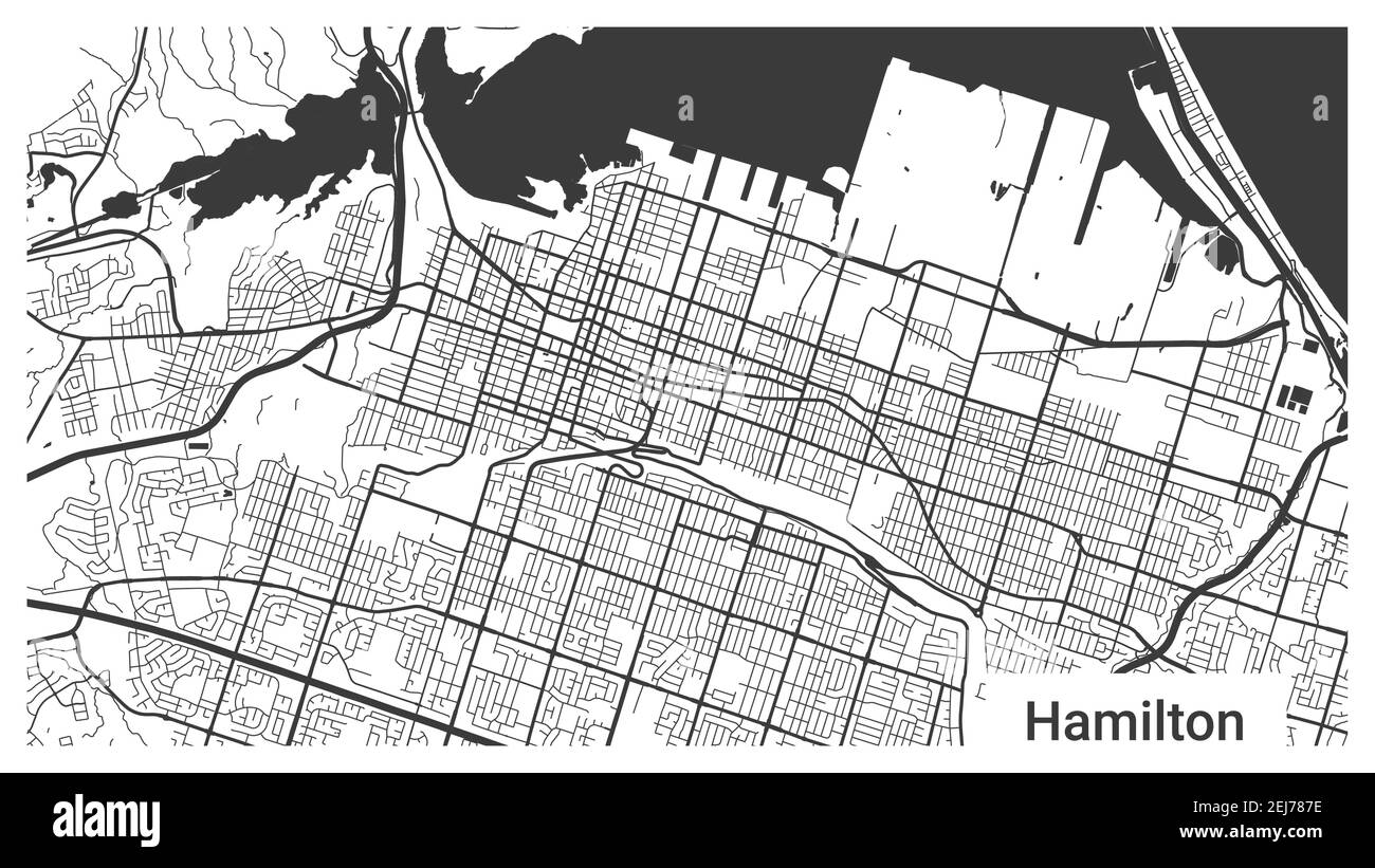 Mappa della città di Hamilton, Ontario, Canada. Sfondo orizzontale cartellone in bianco e nero terra, strade e fiumi. 1920 1080 proporzioni. Senza royalty Illustrazione Vettoriale
