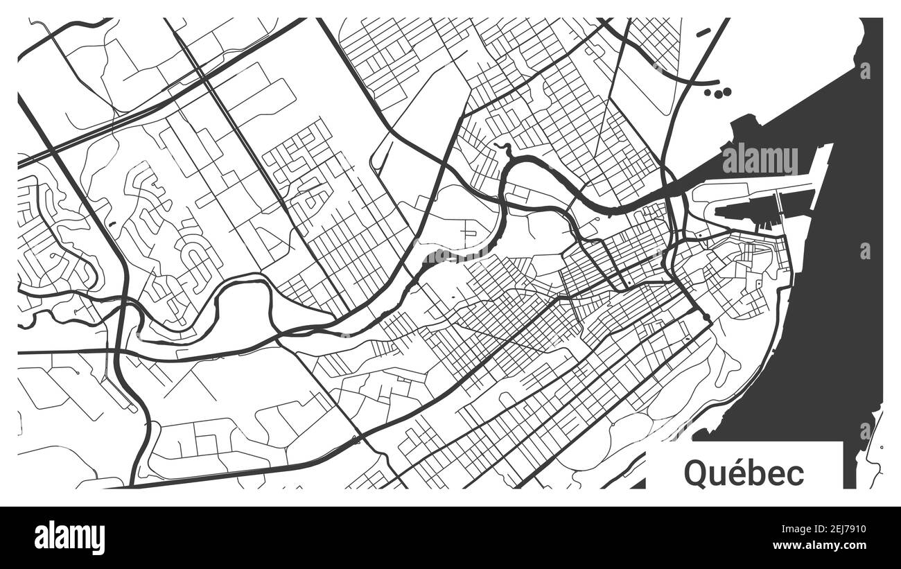 Mappa della città di Quebec, Ontario, Canada. Sfondo orizzontale cartellone in bianco e nero terra, strade e fiumi. 1920 1080 proporzioni. Senza royalty gr Illustrazione Vettoriale