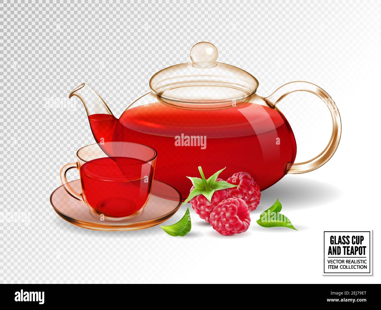 Teiera in vetro e tazza con tè. Tè al lampone. Vettore realistico, illustrazione 3d. Illustrazione Vettoriale